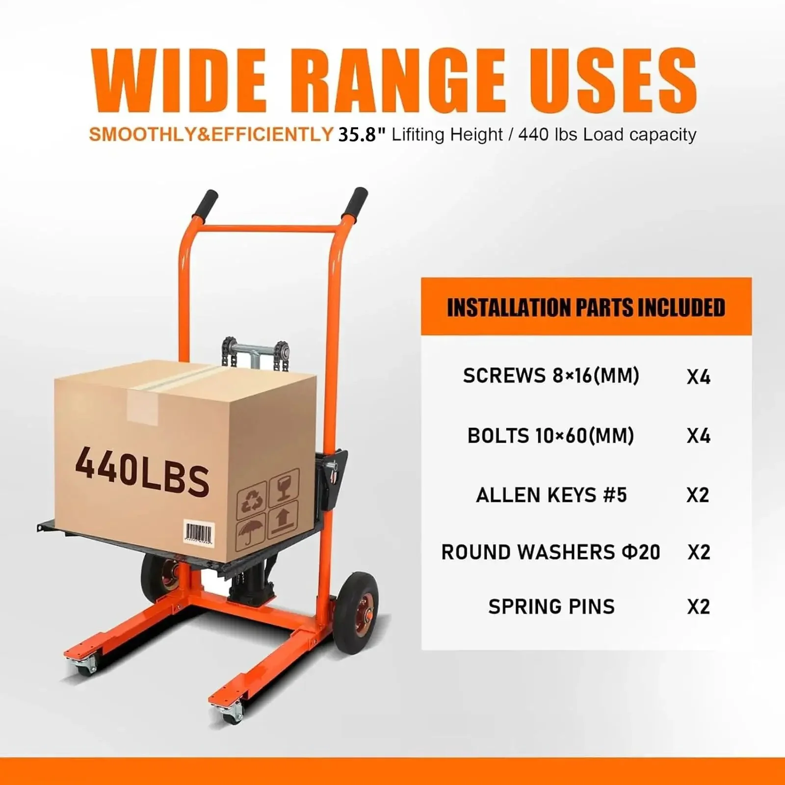 Compact Hydraulic Stackers For Tight Aisles, 440 Lbs Capacity Manual Pallet Jack With 35.8 Inch Lift, Swivel Casters And Lift Plate, Orange Finish, A True Warehouse Workhorse For Easy Lifting, Moving And Stacking - Image 3