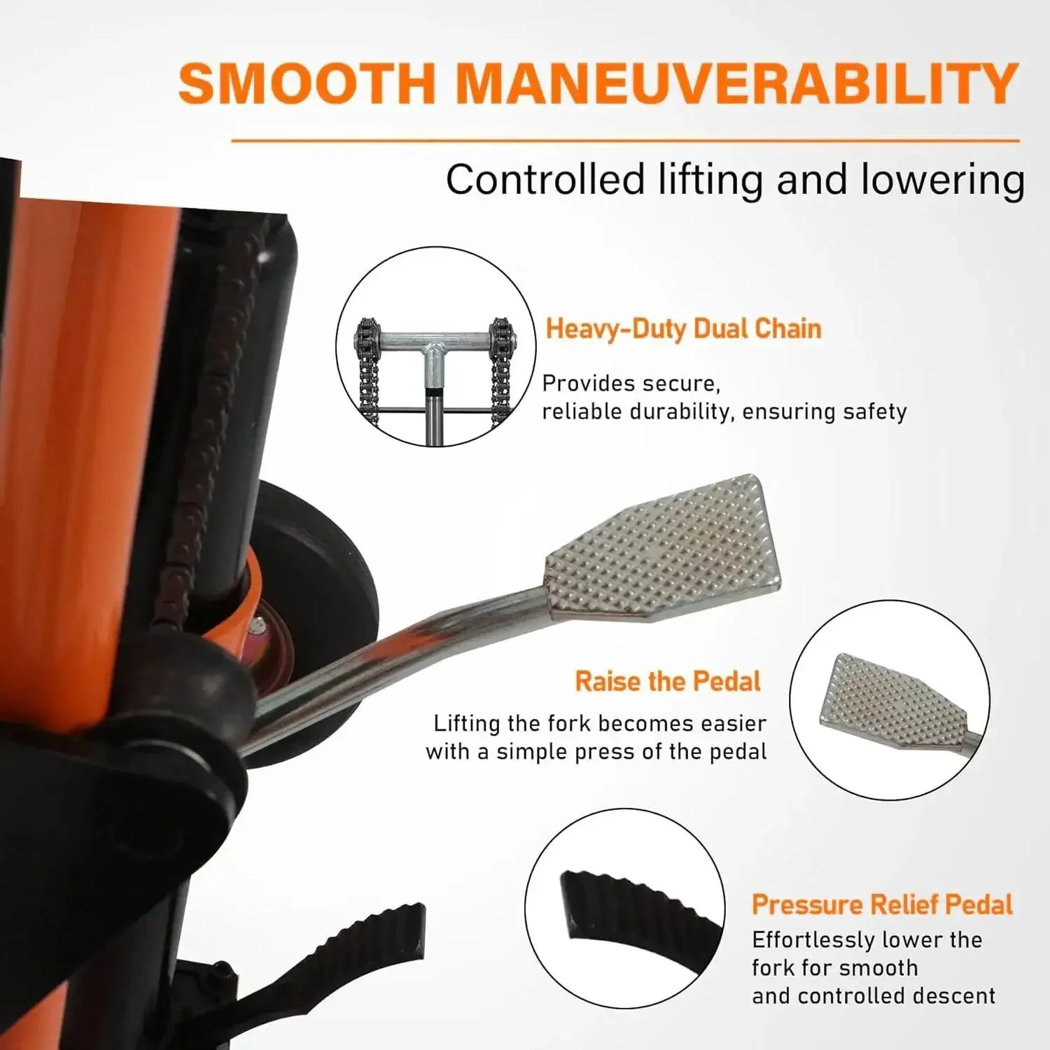 Compact Hydraulic Stackers For Tight Aisles, 440 Lbs Capacity Manual Pallet Jack With 35.8 Inch Lift, Swivel Casters And Lift Plate, Orange Finish, A True Warehouse Workhorse For Easy Lifting, Moving And Stacking - Image 6