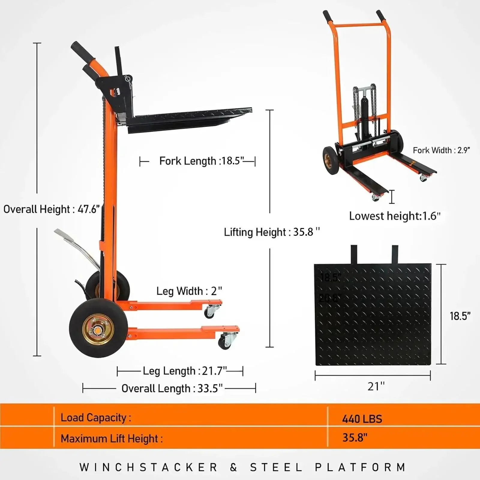 Compact Hydraulic Stackers For Tight Aisles, 440 Lbs Capacity Manual Pallet Jack With 35.8 Inch Lift, Swivel Casters And Lift Plate, Orange Finish, A True Warehouse Workhorse For Easy Lifting, Moving And Stacking - Image 7
