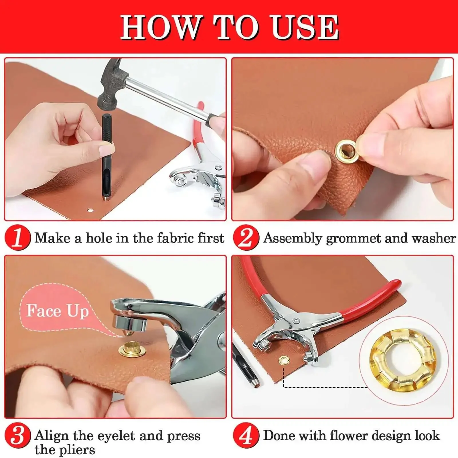 Complete 1200 Piece Pro Grade Grommet Eyelet Kit For Fabric And Leather Projects With Plier Hole Punch And 600 Silver And Gold Eyelets Plus 600 Washers One Quarter Inch Grommets Six Millimeter Set For Belts Clothing And DIY Repairs - Image 3