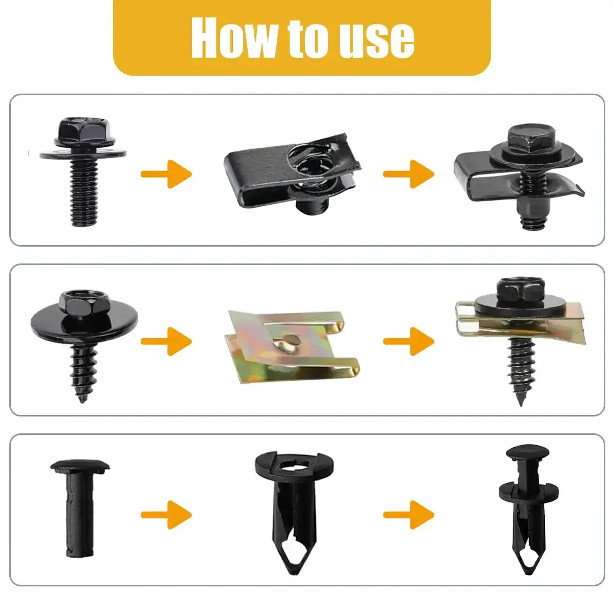 Complete Car Body Fasteners Kit With Screws Bolts Push Rivets And Clips For Under Cover Splash Shield Replacement Durable Plastic Retainer Clips U Nuts Body Bolts And Hardware Set For Easy DIY Car Repairs - Image 8