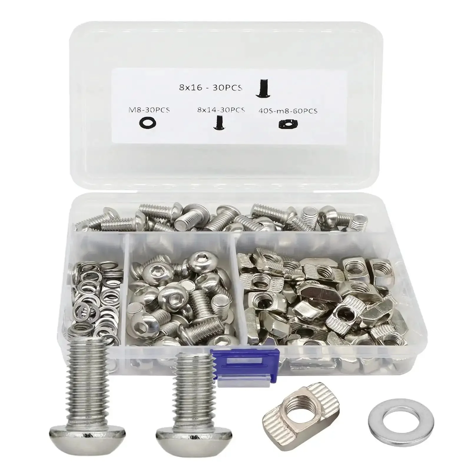 Complete M8 Hardware Kit For 4040 And 4080 Aluminum Extrusion Profiles, 60 Hex Socket Bolts In 14mm And 16mm, 60 Drop In M8 T Nuts, 30 Washers, Ideal For 40 Series Builds, 3D Printers And DIY Shelves