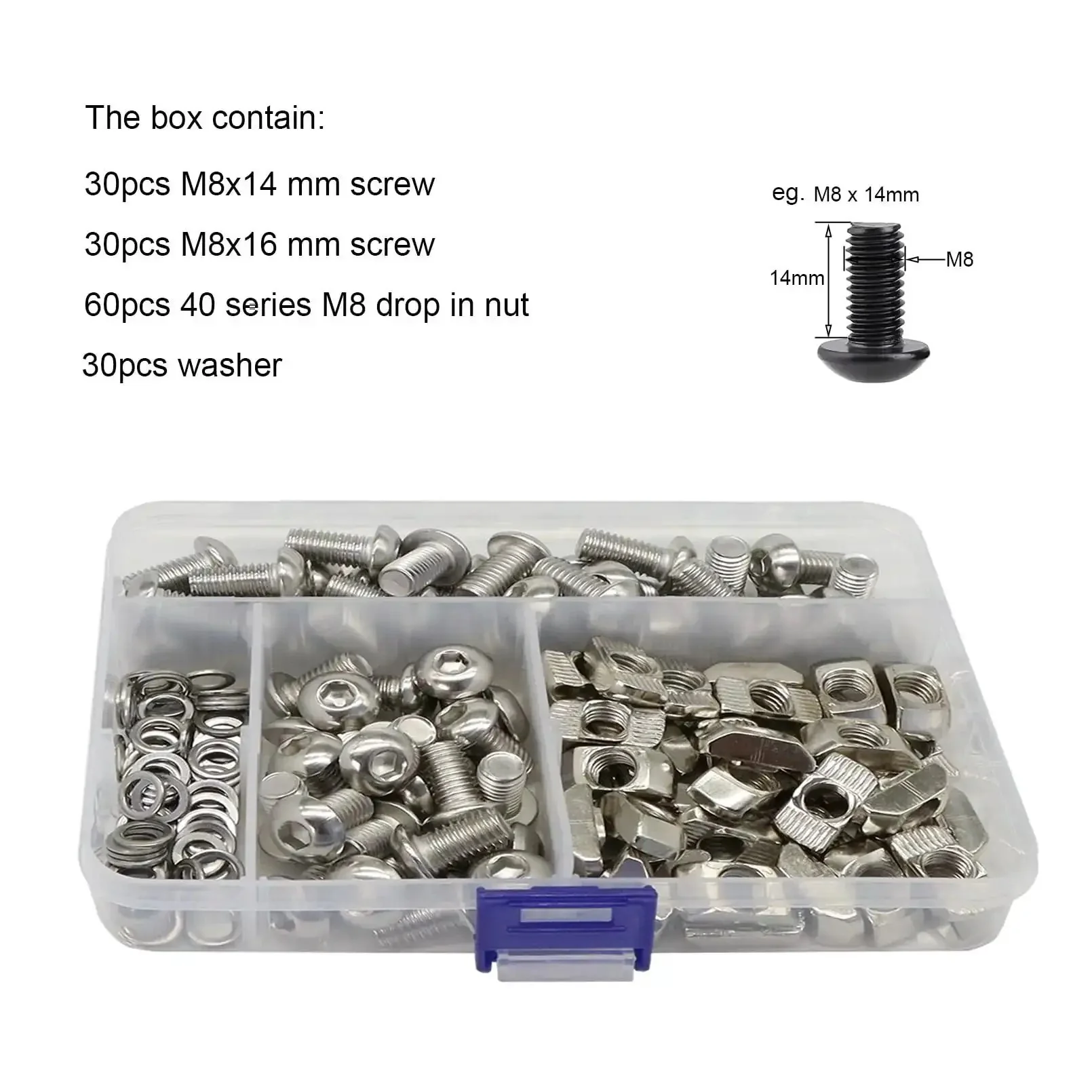 Complete M8 Hardware Kit For 4040 And 4080 Aluminum Extrusion Profiles, 60 Hex Socket Bolts In 14mm And 16mm, 60 Drop In M8 T Nuts, 30 Washers, Ideal For 40 Series Builds, 3D Printers And DIY Shelves - Image 7