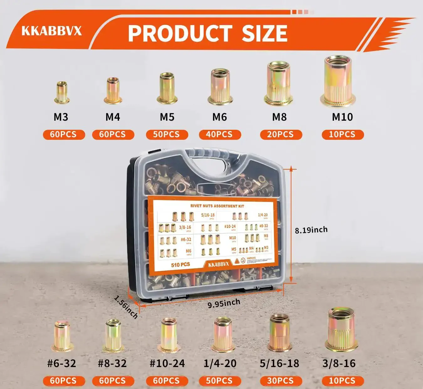Complete Rivet Nut Kit With Five Hundred Ten Pieces SAE And Metric Galvanized Carbon Steel Flat Head Threaded Rivets For DIY Auto Marine Projects Includes M3 M4 M5 M6 M8 M10 Inch Sizes One Quarter By Twenty Five Sixteenths By Eighteen Three Eighths By - Image 6