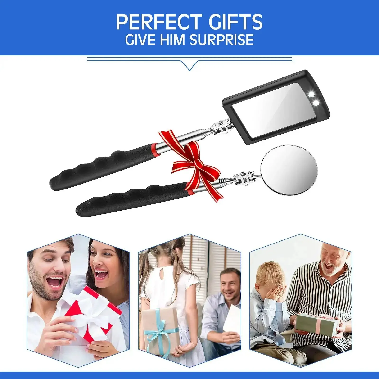 Cool 2 Piece Lighted Telescoping Inspection Mirror Set With Flexible Retractable LED Round Dental Mirror For Automotive Repair And Home Handyman Ideal Gift For Men Husbands Fathers Day Birthday - Image 2