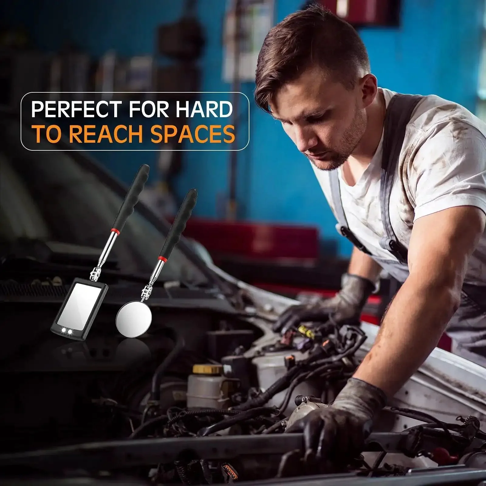 Cool 2 Piece Lighted Telescoping Inspection Mirror Set With Flexible Retractable LED Round Dental Mirror For Automotive Repair And Home Handyman Ideal Gift For Men Husbands Fathers Day Birthday - Image 3