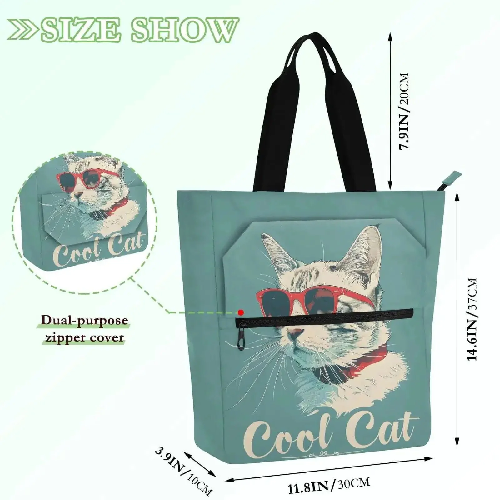Cool Cat Sunglasses Tote Bag For Book Lovers With Zipper Pocket Reusable Water Repellent Everyday Carry Book Tote For School Work And Shopping Large Capacity Nylon Carryall For Books Notebooks And Tablets - Image 4