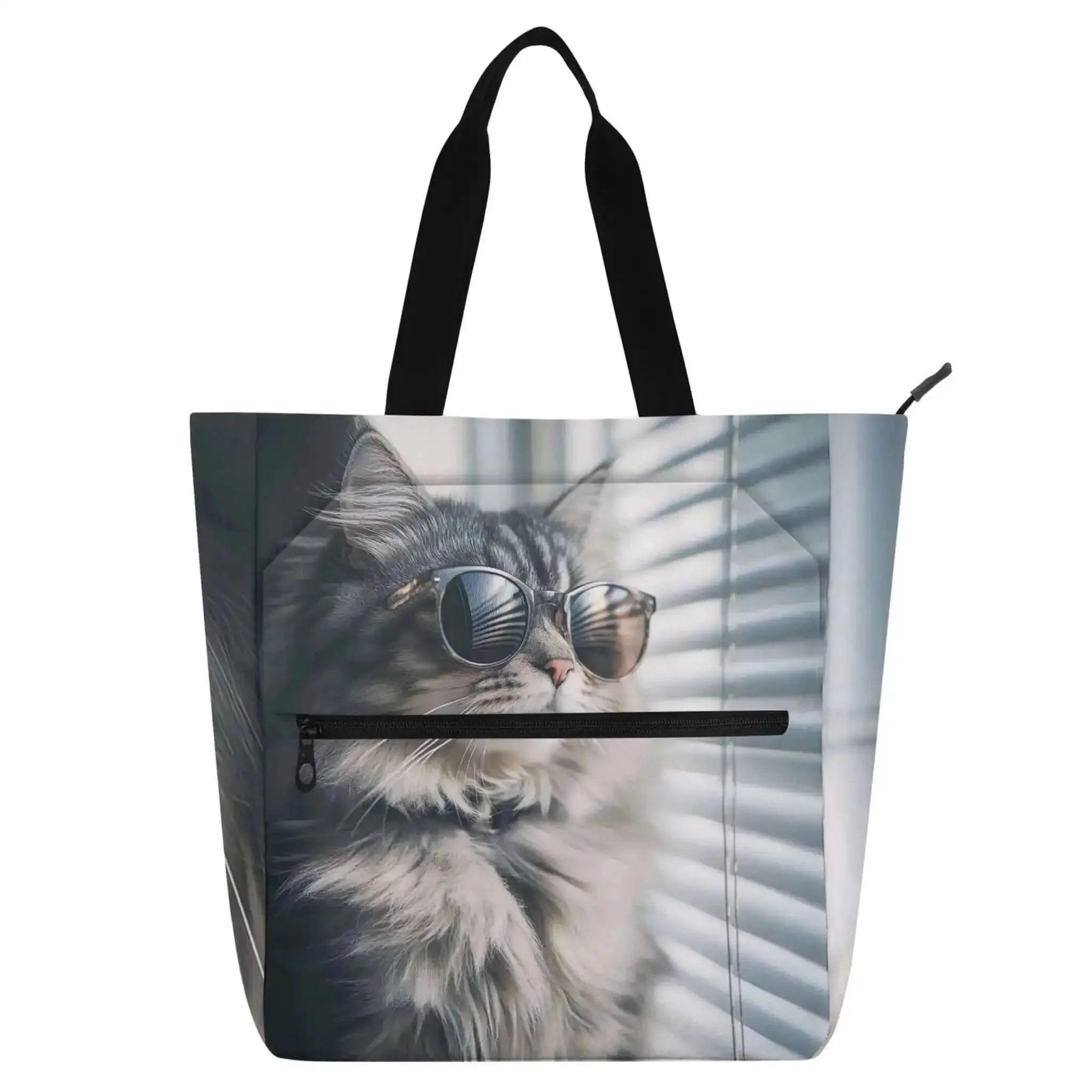Cool Cat Sunglasses Tote Bag With Zipper For Kids And Women Spacious 30x10x37cm Reusable School Work Travel Purse Water Resistant Polyester With Durable Print Fits 2 To 3 Hardcover Books Groceries Gadgets