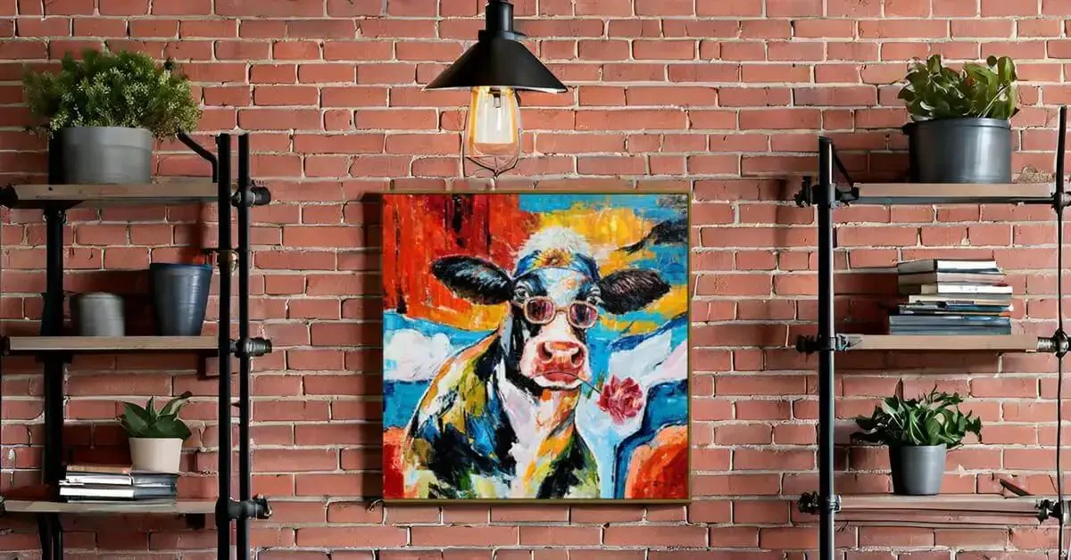 Cool Cow Portrait With Sunglasses Modern Hand Painted Textured Wall Art Framed Cow Head Floral Canvas Bold Black White Red Blue Colorway For Living Room Bedroom Or Bath A Fresh Totally Vibey Statement Piece - Image 2