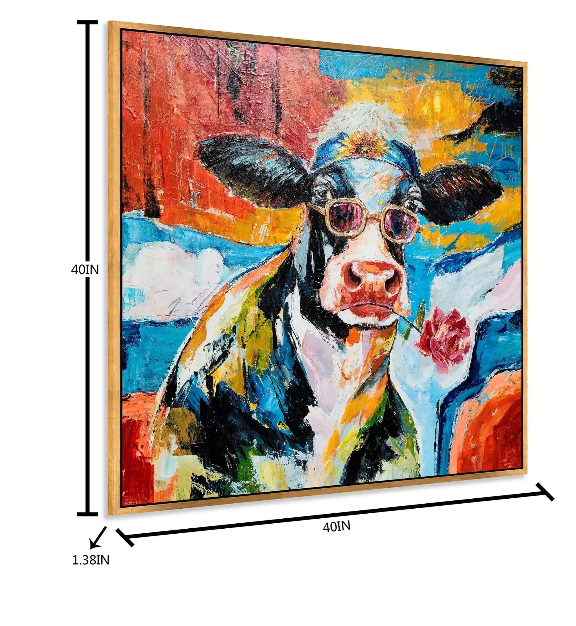 Cool Cow Portrait With Sunglasses Modern Hand Painted Textured Wall Art Framed Cow Head Floral Canvas Bold Black White Red Blue Colorway For Living Room Bedroom Or Bath A Fresh Totally Vibey Statement Piece - Image 9