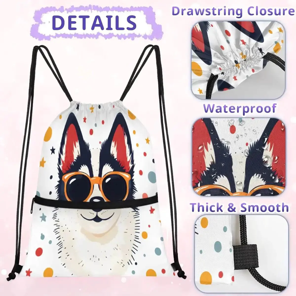 Cool Dog With Sunglasses Drawstring Bag For Men And Women, Lightweight Gym Sackpack With Zipper Pocket, External Access Pocket, Travel Running Hiking Workout Bag, Water-Resistant Polyester - Image 6