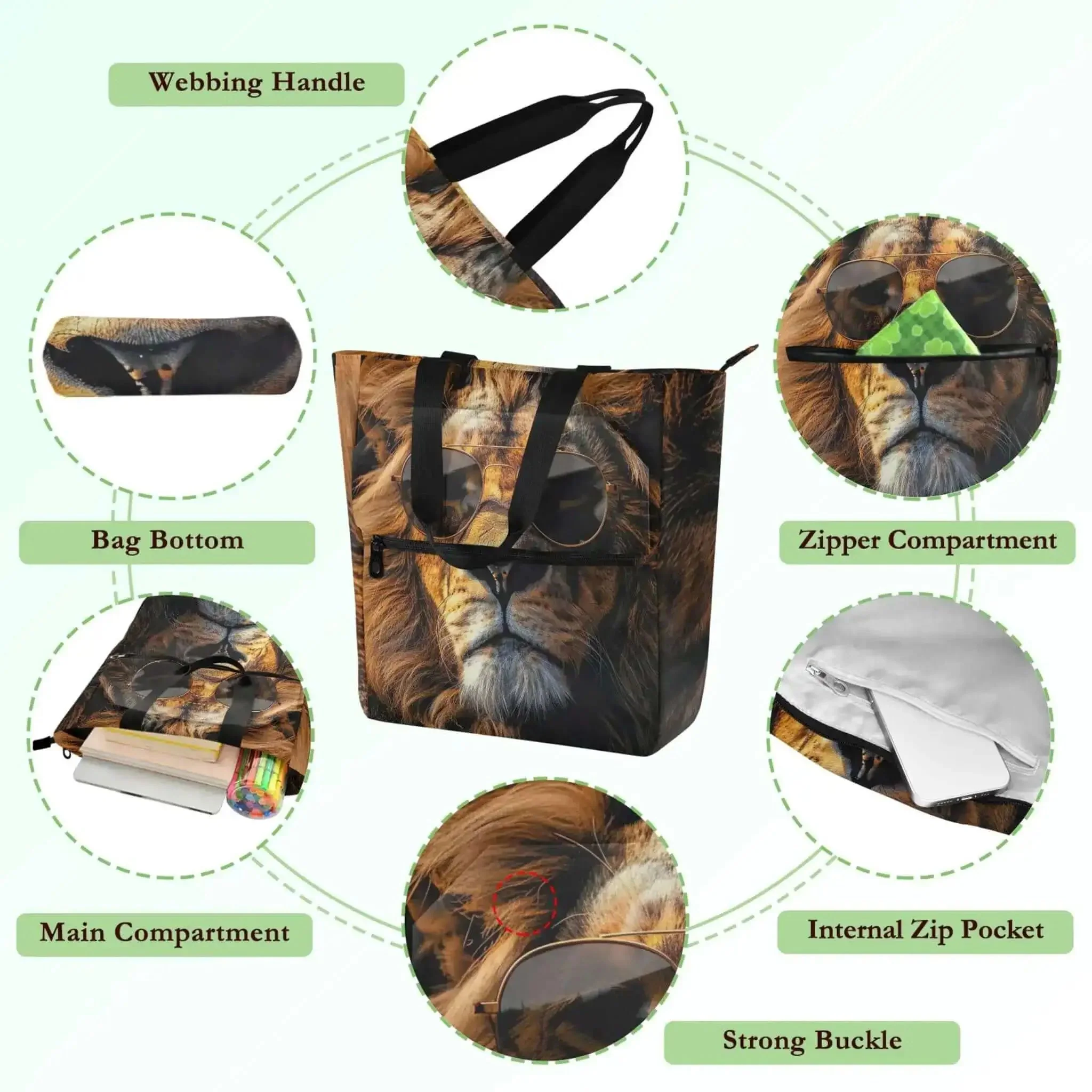Cool Lion Canvas Tote Bag For Women And Gals With Compartments Water Resistant Exterior Lightweight Work School Purse With Long Handles For Shoulder Or Hand Carry Ample Room For Books Laptop Gym Gear Everyday Tote - Image 3