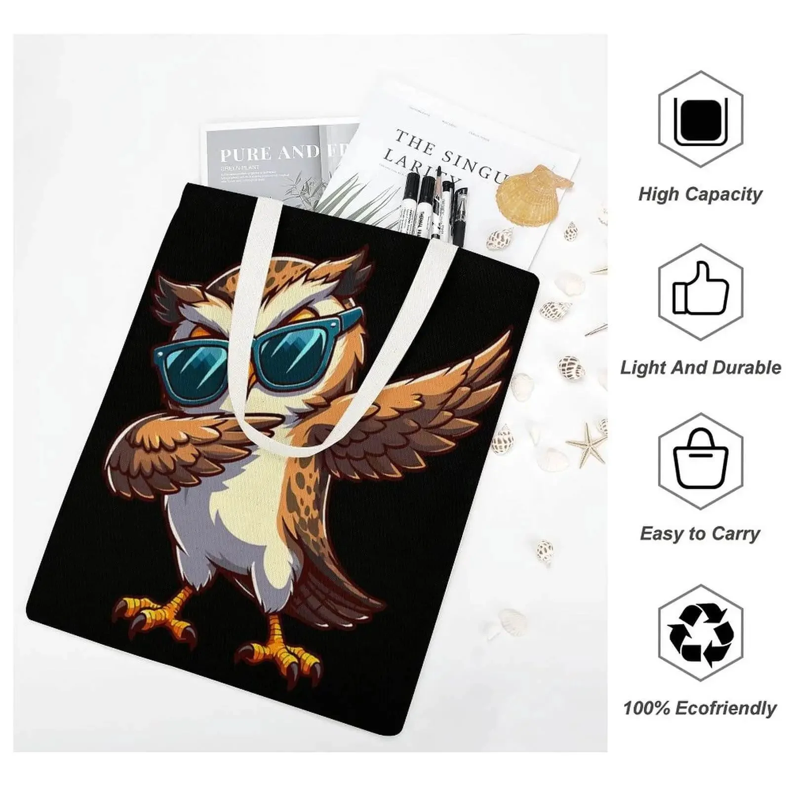 Cool Owl Wearing Sunglasses Canvas Tote Bag For Women Reusable Shoulder Bag For Grocery Shopping Work Daily Travel And Vacation Durable Heavy Duty Tote With Sturdy Handles And Large Capacity - Image 3