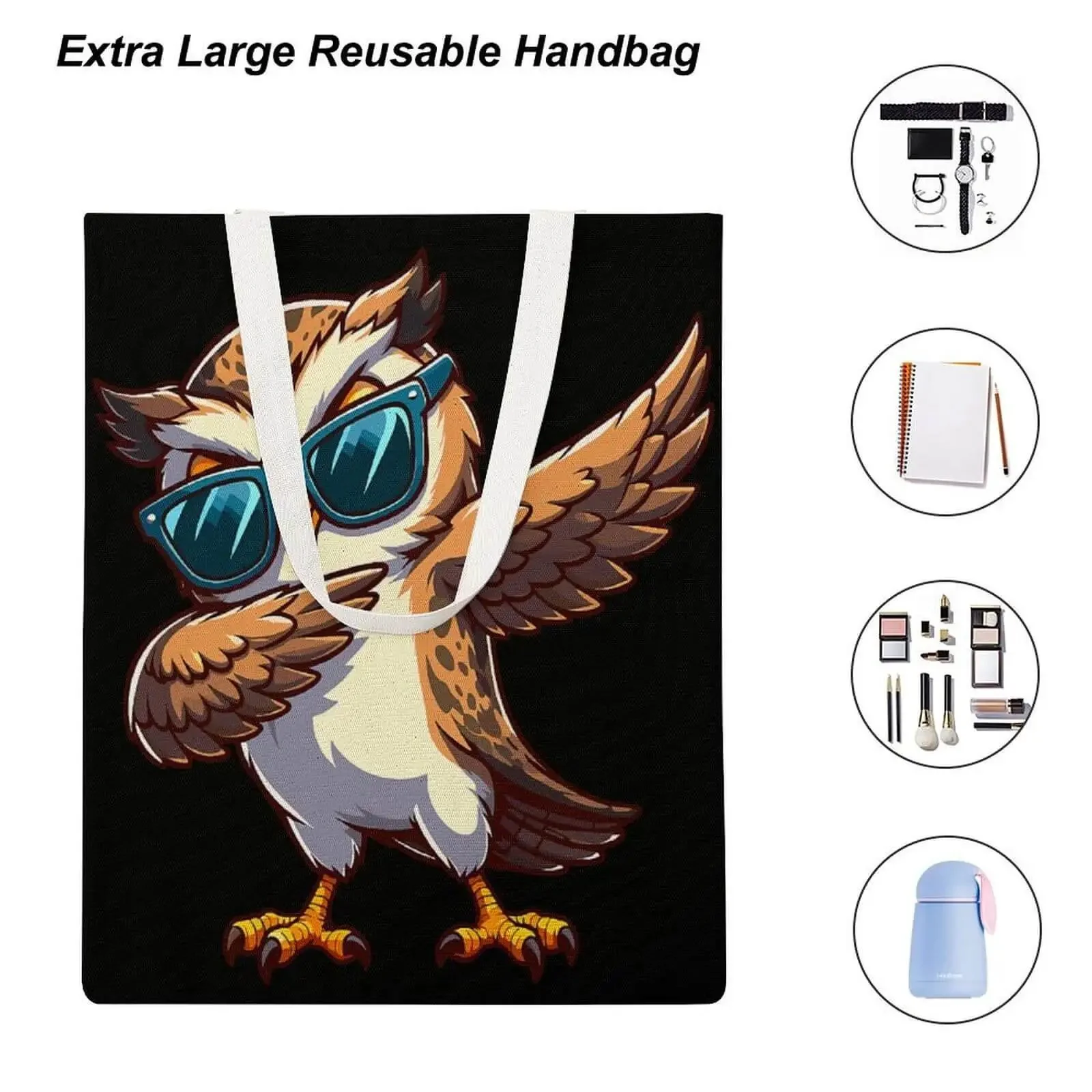 Cool Owl Wearing Sunglasses Canvas Tote Bag For Women Reusable Shoulder Bag For Grocery Shopping Work Daily Travel And Vacation Durable Heavy Duty Tote With Sturdy Handles And Large Capacity - Image 4