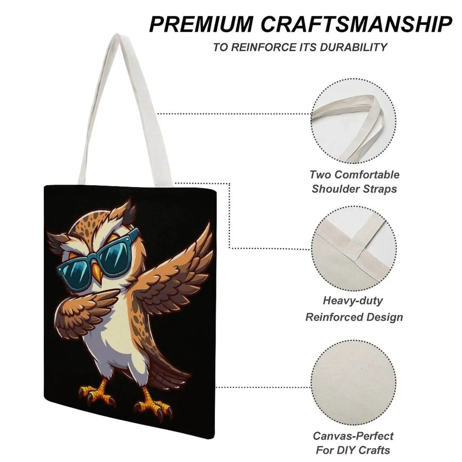 Cool Owl Wearing Sunglasses Canvas Tote Bag For Women Reusable Shoulder Bag For Grocery Shopping Work Daily Travel And Vacation Durable Heavy Duty Tote With Sturdy Handles And Large Capacity - Image 5