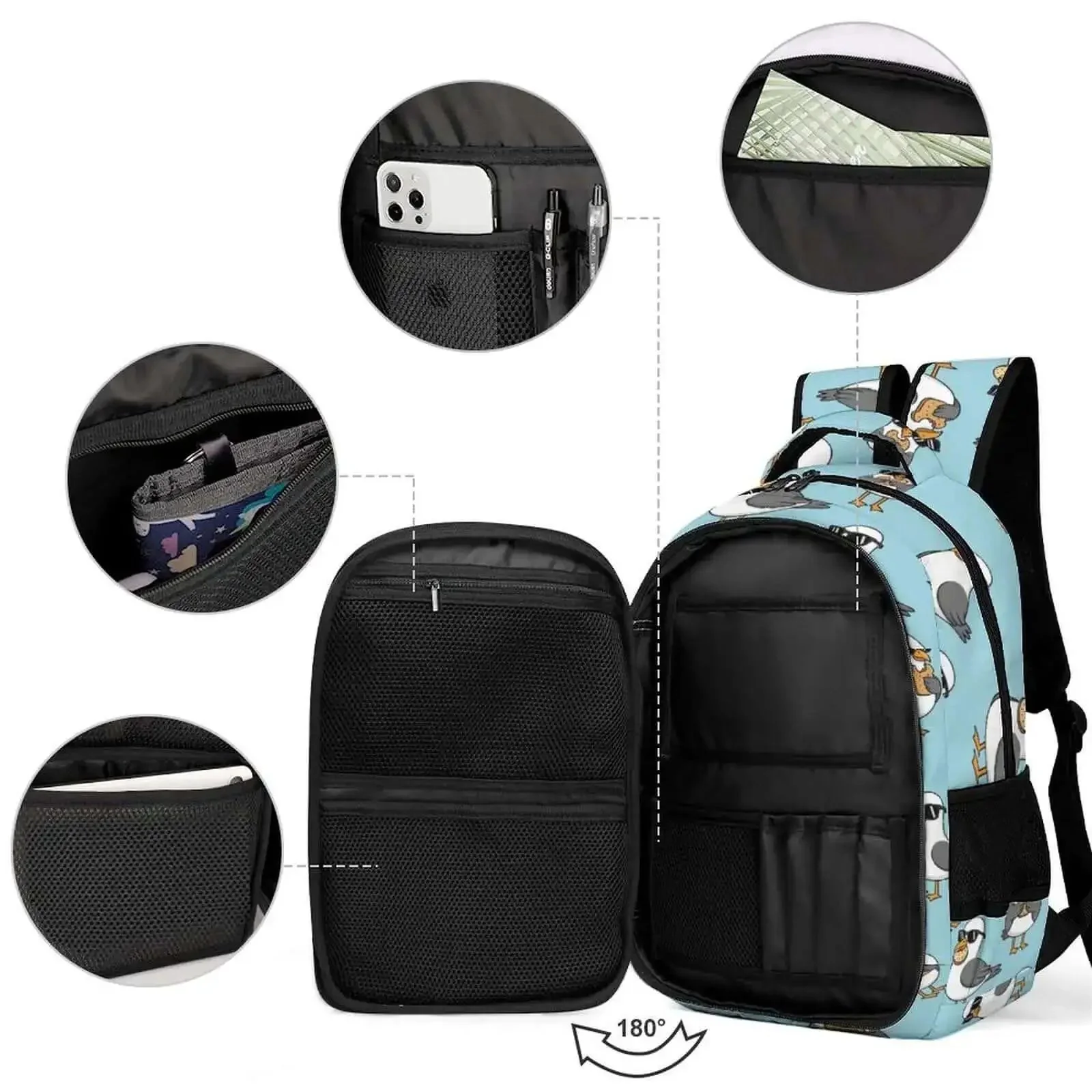 Cool Seagulls Design Travel Laptop Backpack With Large Capacity Waterproof Durable Daypack For Women And Men Perfect For Work School Camping And Daily Commute Featuring Front Opening For Easy Access And Roomy Compartments - Image 7