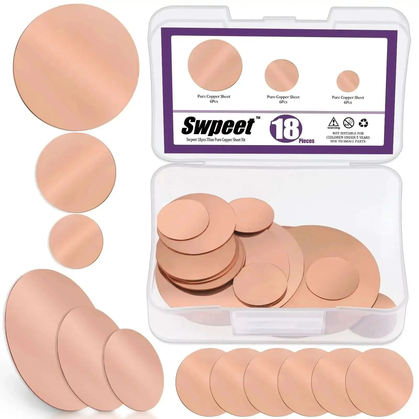 Copper Sheet Kit 18 Pcs in Three Sizes 0.02 Inch Thick Pure Copper Sheets for Crafts DIY Jewelry Electrical Repairs and Industrial Projects Includes 0.75 Inch, 1.2 Inch, and 2 Inch Pieces
