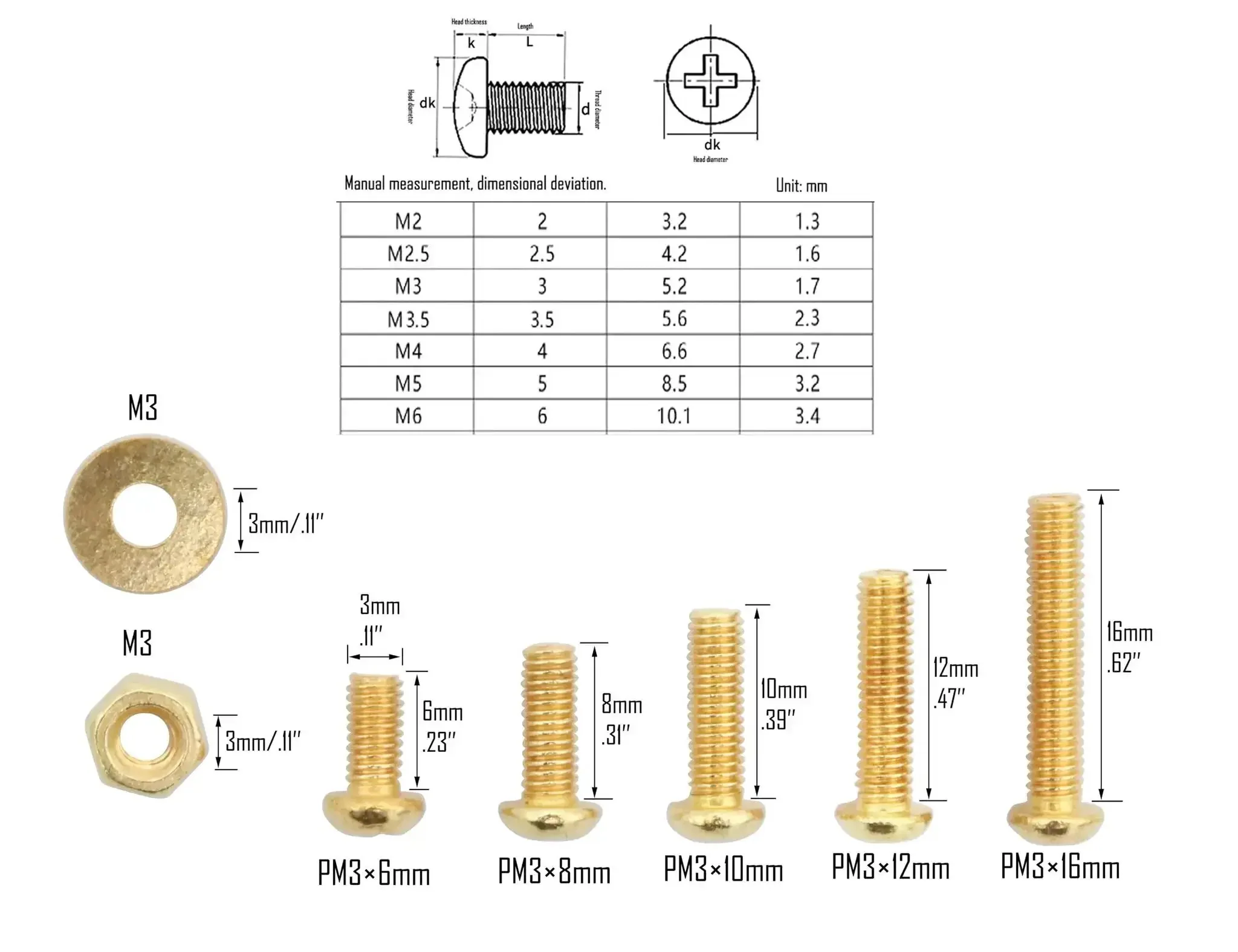 Copper Yellow M3 Machine Screws Assortment Kit With Nuts And Flat Washers, 600 Pieces, Five Lengths 6 8 10 12 16mm, Phillips Pan Head Fasteners For Machinery And Furniture - Image 4