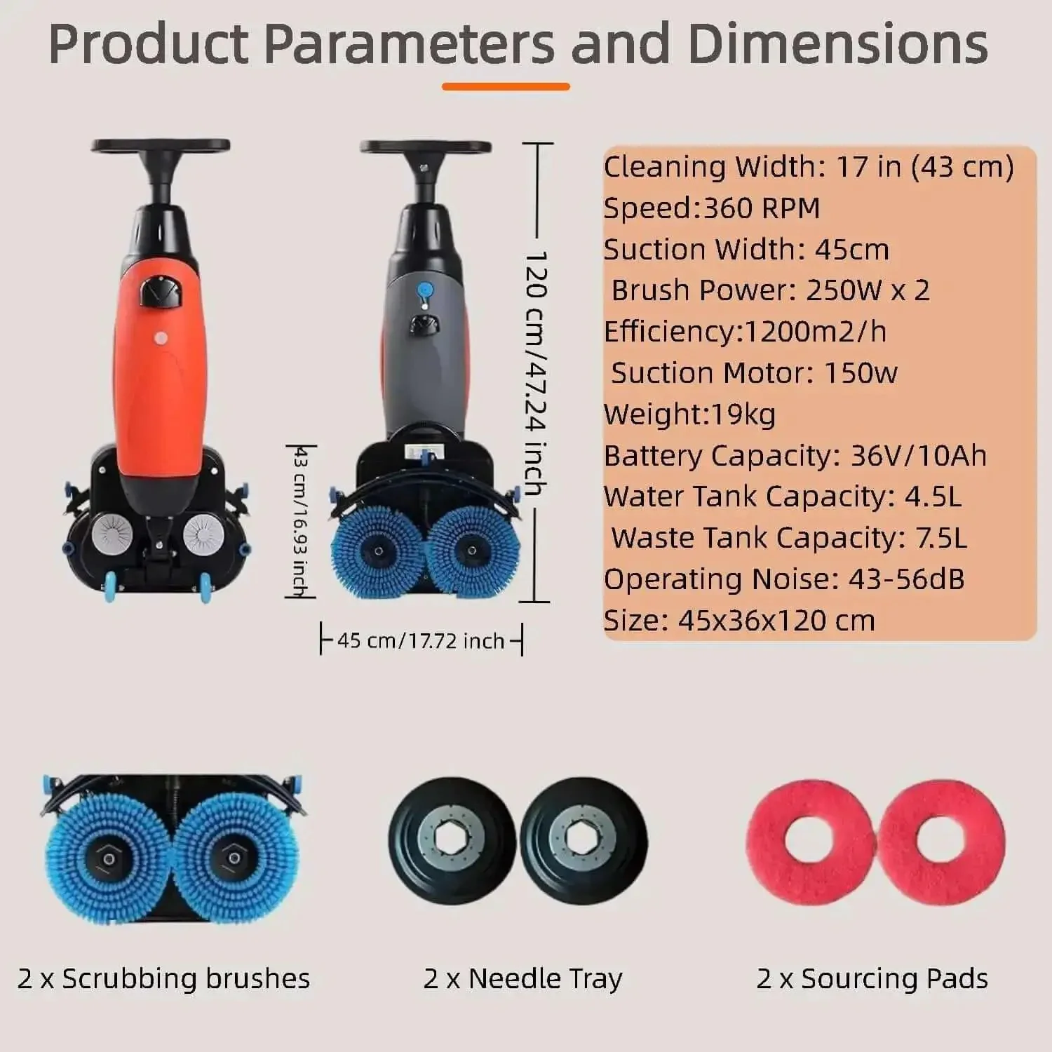 Cordless 18 Inch Walk Behind Floor Scrubber With Dual Brushes, 120 Minute Battery Power, 360 Degree Rotating Head, Industrial Grade Floor Cleaner For Tile Concrete Epoxy, Red Beast - Image 3
