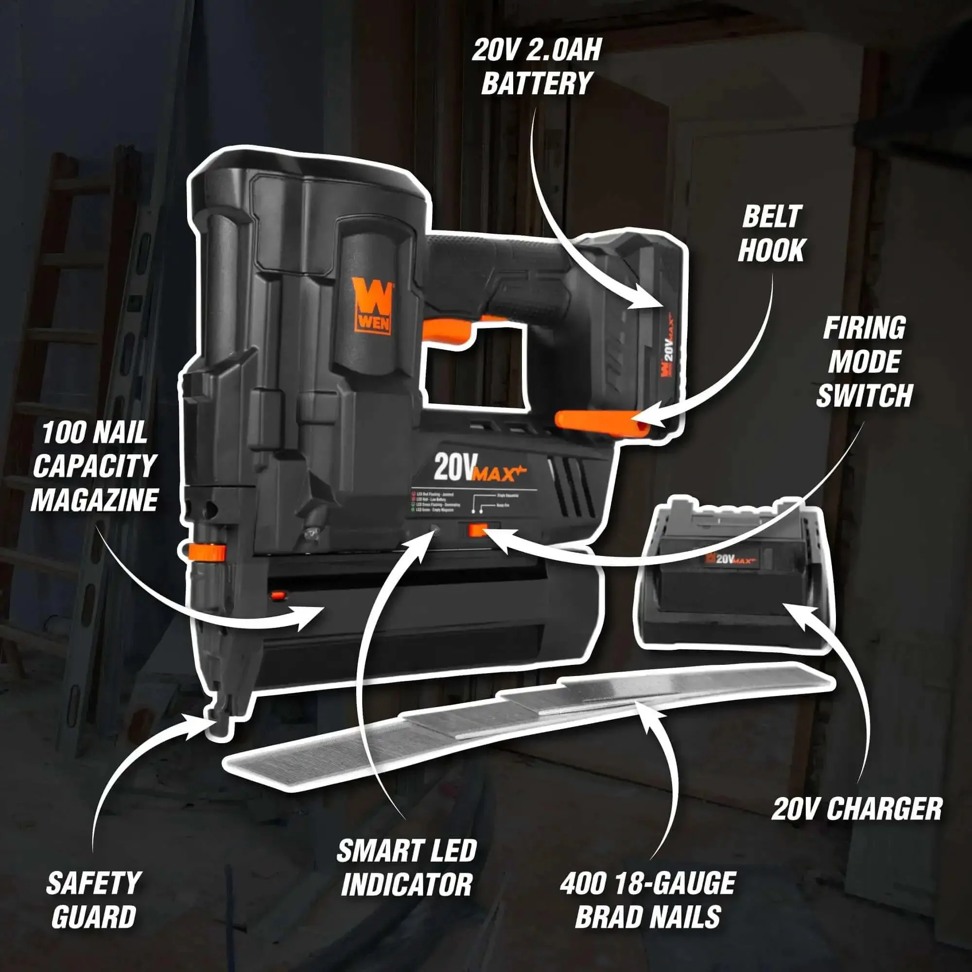 Cordless 20V Max 18 Gauge Brad Nailer With 2.0Ah Battery And Charger, 100 Nail Magazine Capacity, No Air Hose, Includes 400 18 Gauge Brad Nails For Quick, Easy Finish Work, Ideal For DIY Projects - Image 7