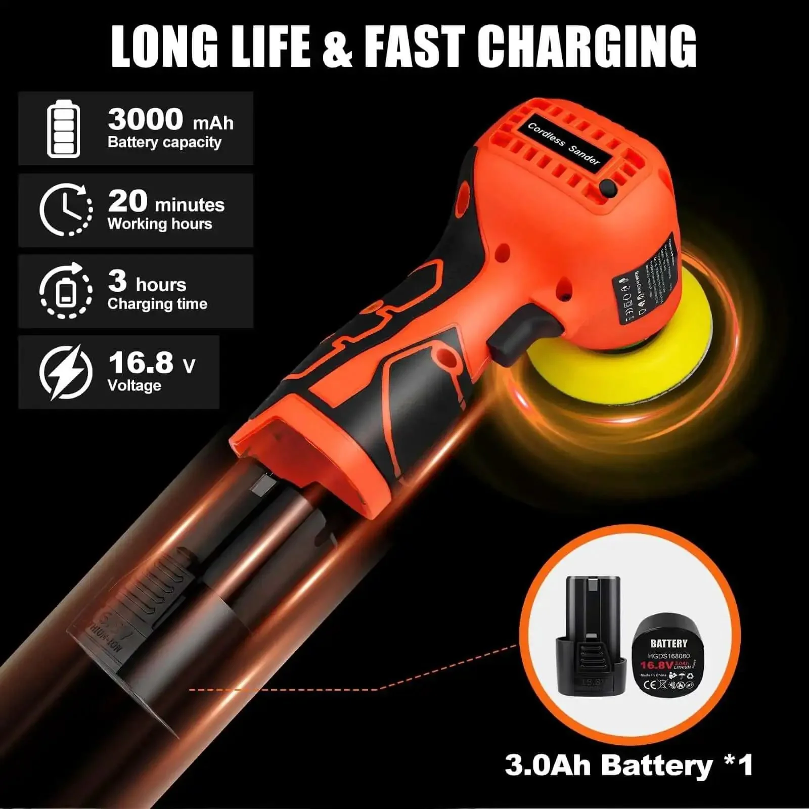 Cordless 3 Inch Palm Sander Kit With 16.8V 3.0Ah Liion Battery, 3500 RPM Mini Polisher, 19 Accessories For Sanding Polishing Waxing And Cleaning, Four Fiber Sponge Pads For Kitchens And Tough Spots - Image 3