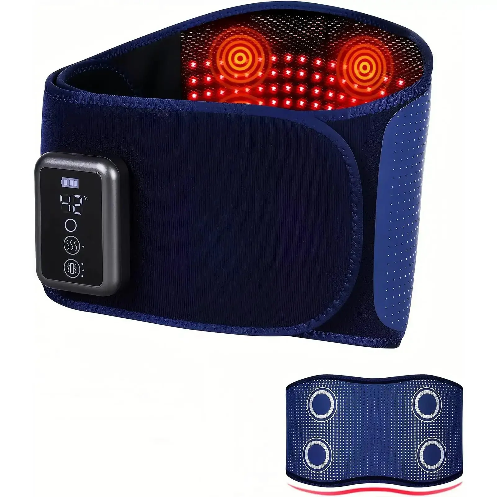 Cordless Back Massager Belt With Red Light Therapy For Pain Relief, 5 Heating Levels, 3 Vibration Modes, 4 Motors, Deep Tissue Massage For Lower Back, Battery Powered, Blue