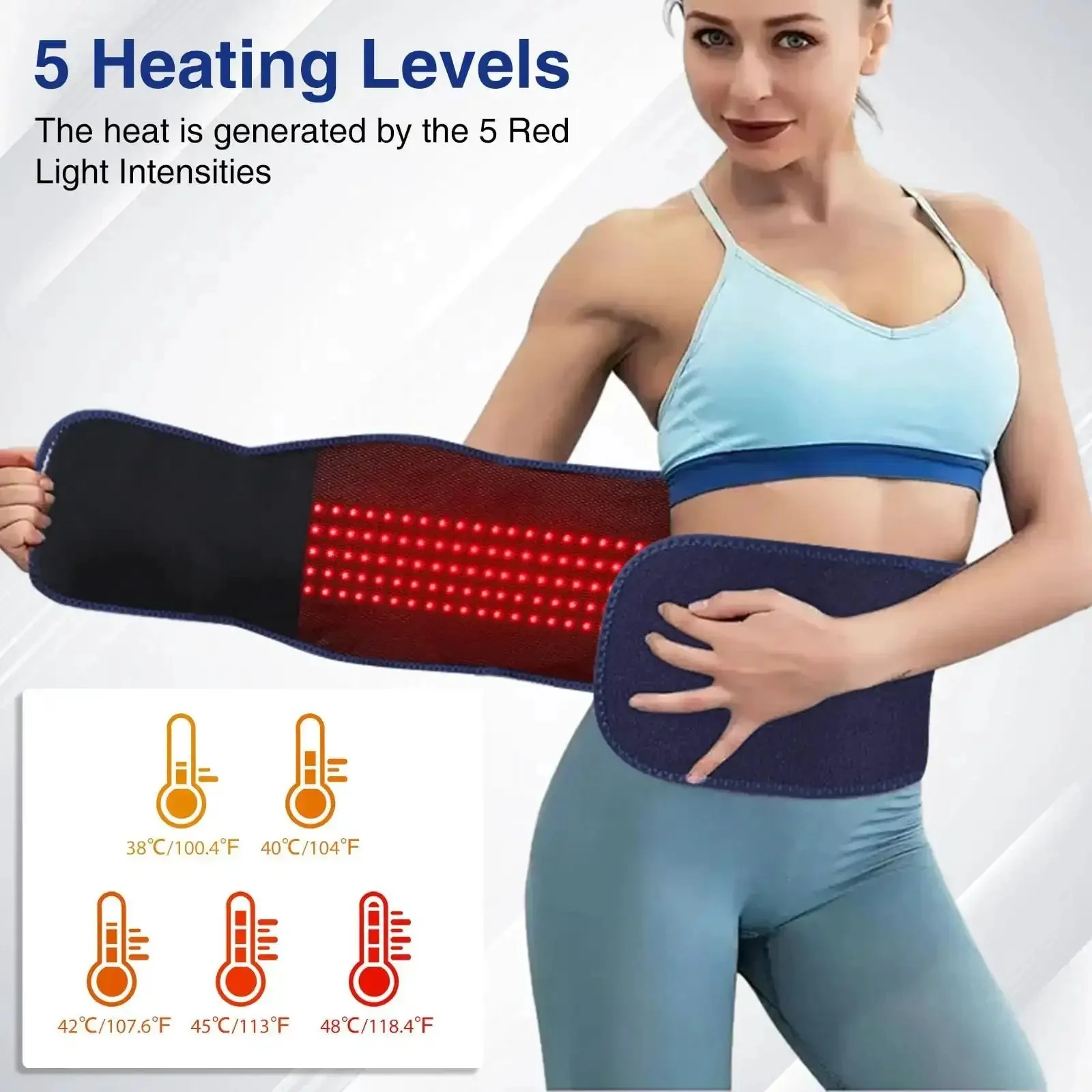 Cordless Back Massager Belt With Red Light Therapy For Pain Relief, 5 Heating Levels, 3 Vibration Modes, 4 Motors, Deep Tissue Massage For Lower Back, Battery Powered, Blue - Image 5