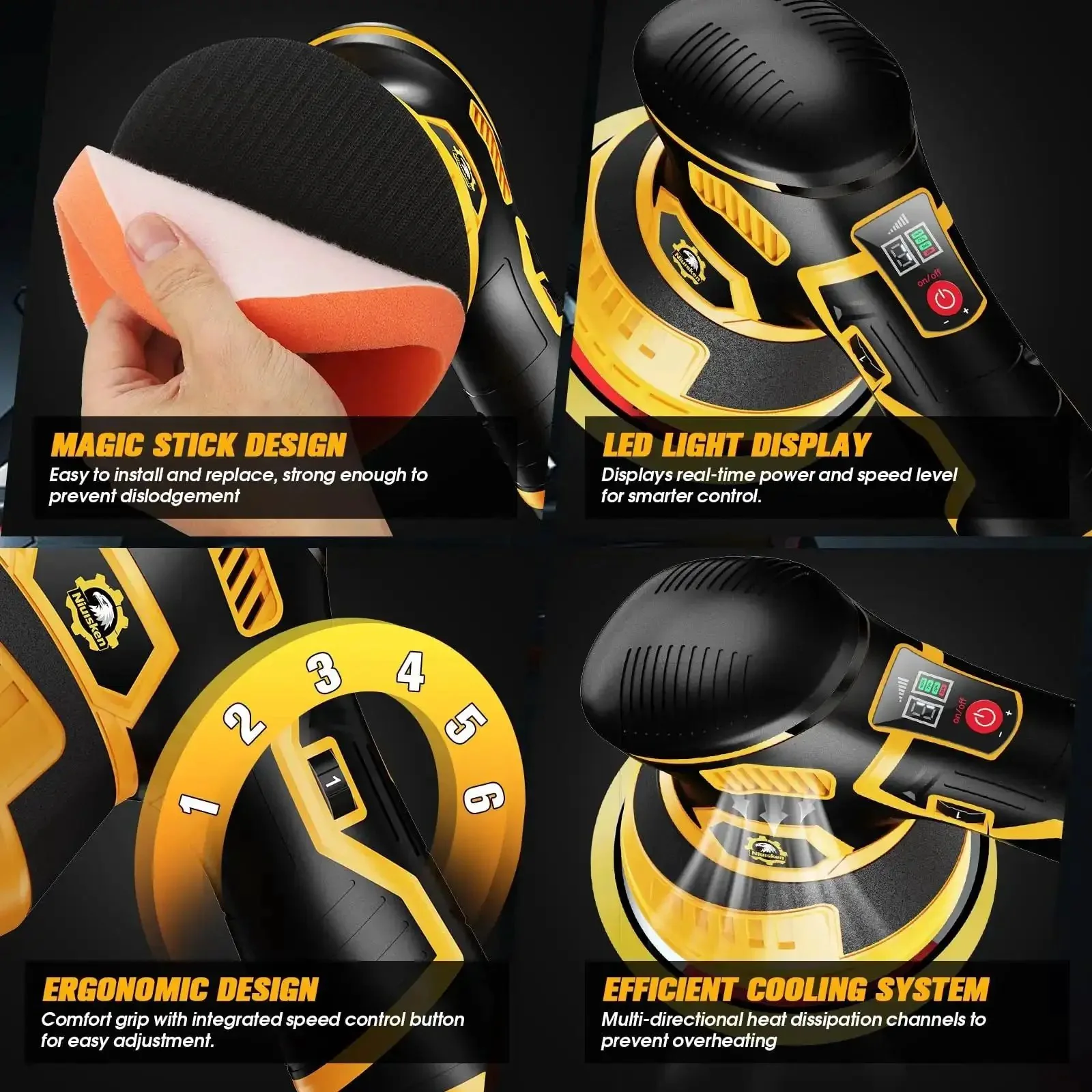 Cordless Car Buffer Polisher Kit With 2x 2000mAh 21V Batteries, 18 Attachments, 6 Speed Orbital Design, LED Display, Lightweight Detailing Tool For Waxing Polishing And Scratch Removal Yellow - Image 2