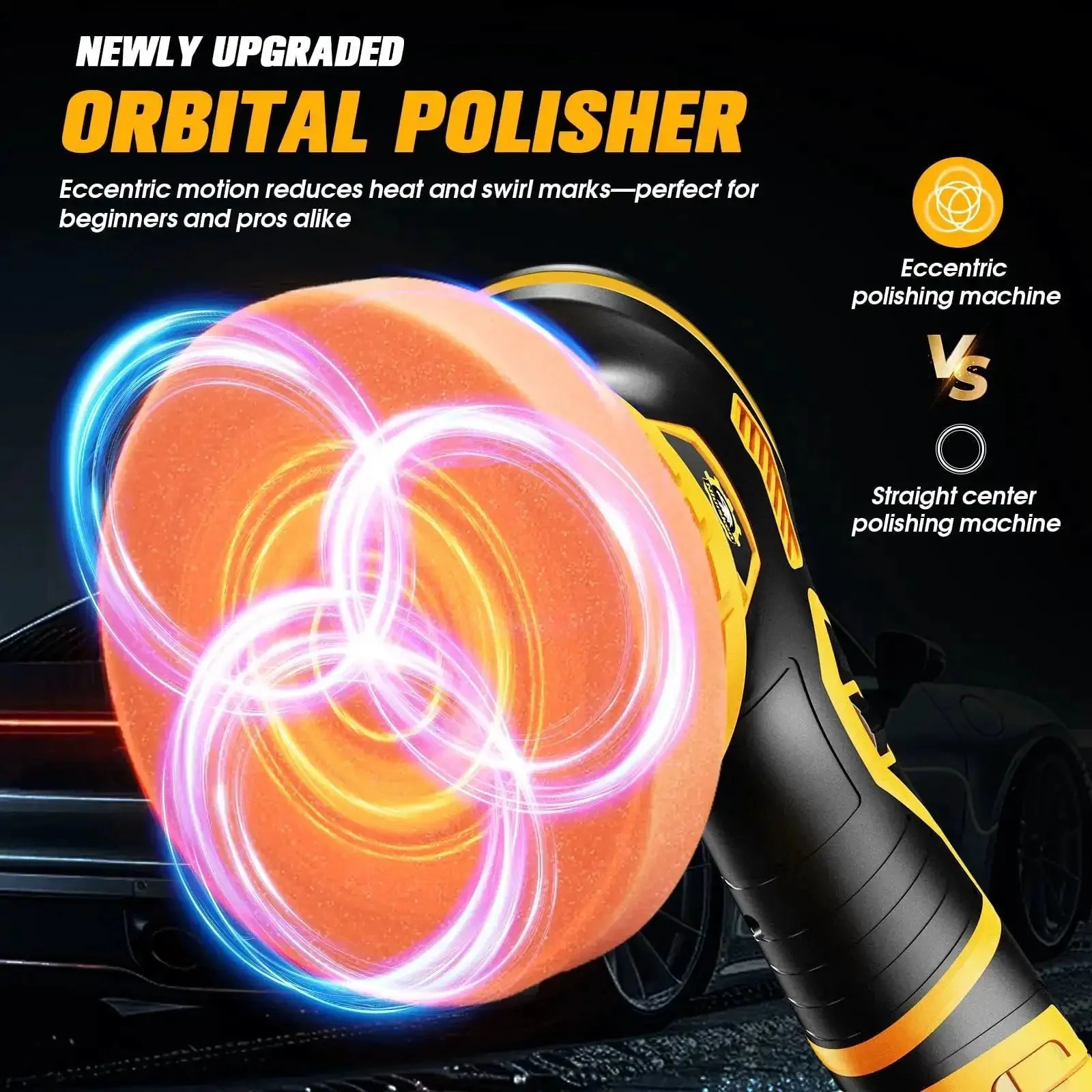 Cordless Car Buffer Polisher Kit With 2x 2000mAh 21V Batteries, 18 Attachments, 6 Speed Orbital Design, LED Display, Lightweight Detailing Tool For Waxing Polishing And Scratch Removal Yellow - Image 3