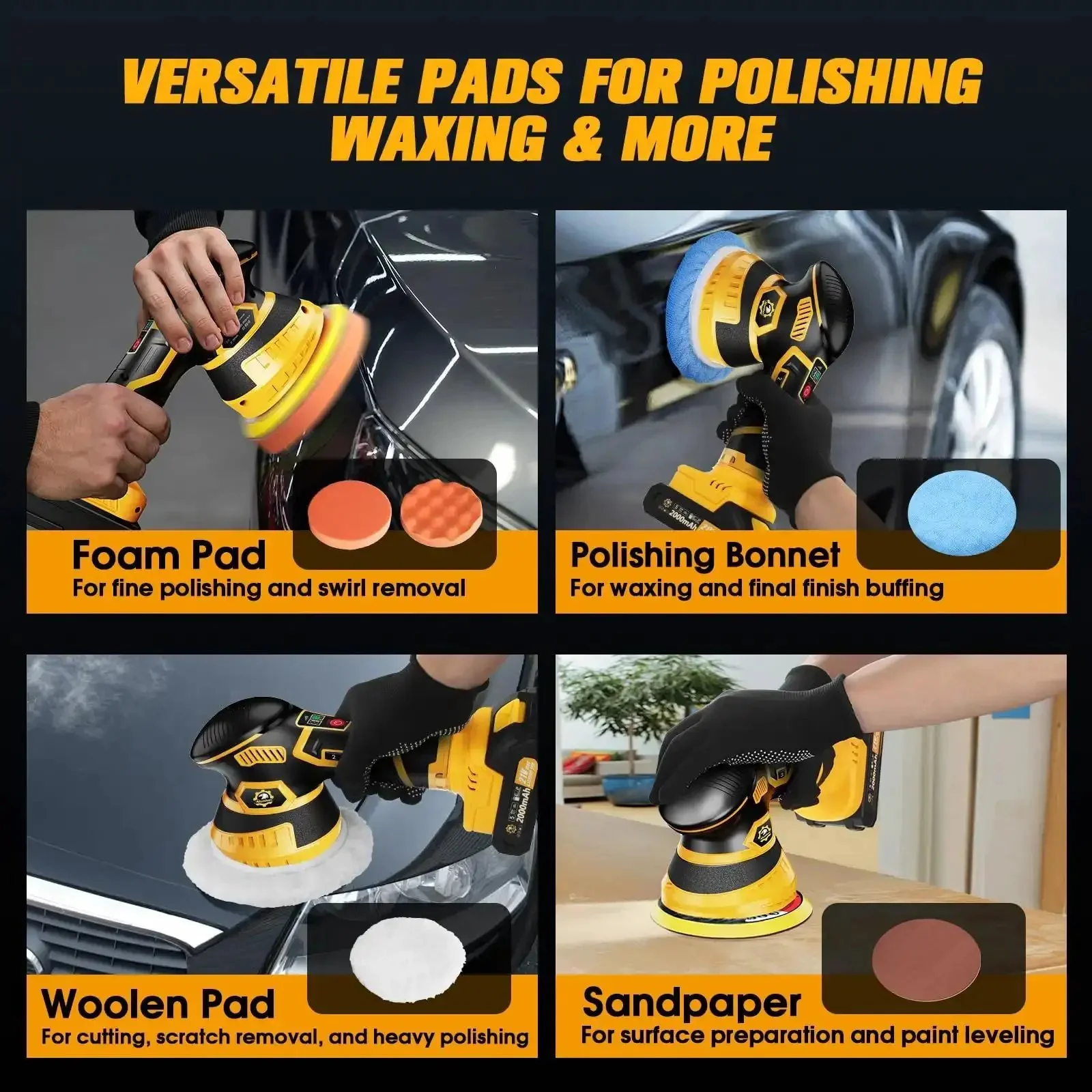 Cordless Car Buffer Polisher Kit With 2x 2000mAh 21V Batteries, 18 Attachments, 6 Speed Orbital Design, LED Display, Lightweight Detailing Tool For Waxing Polishing And Scratch Removal Yellow - Image 4