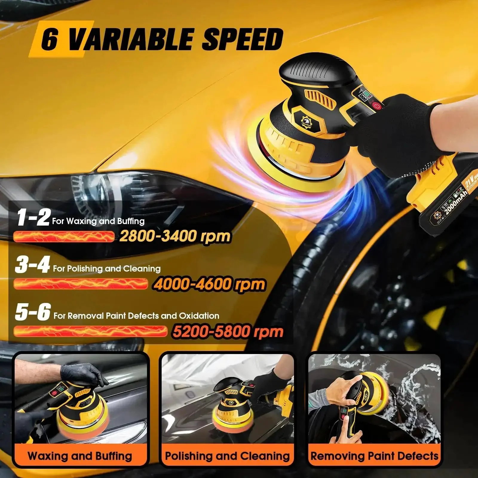 Cordless Car Buffer Polisher Kit With 2x 2000mAh 21V Batteries, 18 Attachments, 6 Speed Orbital Design, LED Display, Lightweight Detailing Tool For Waxing Polishing And Scratch Removal Yellow - Image 6