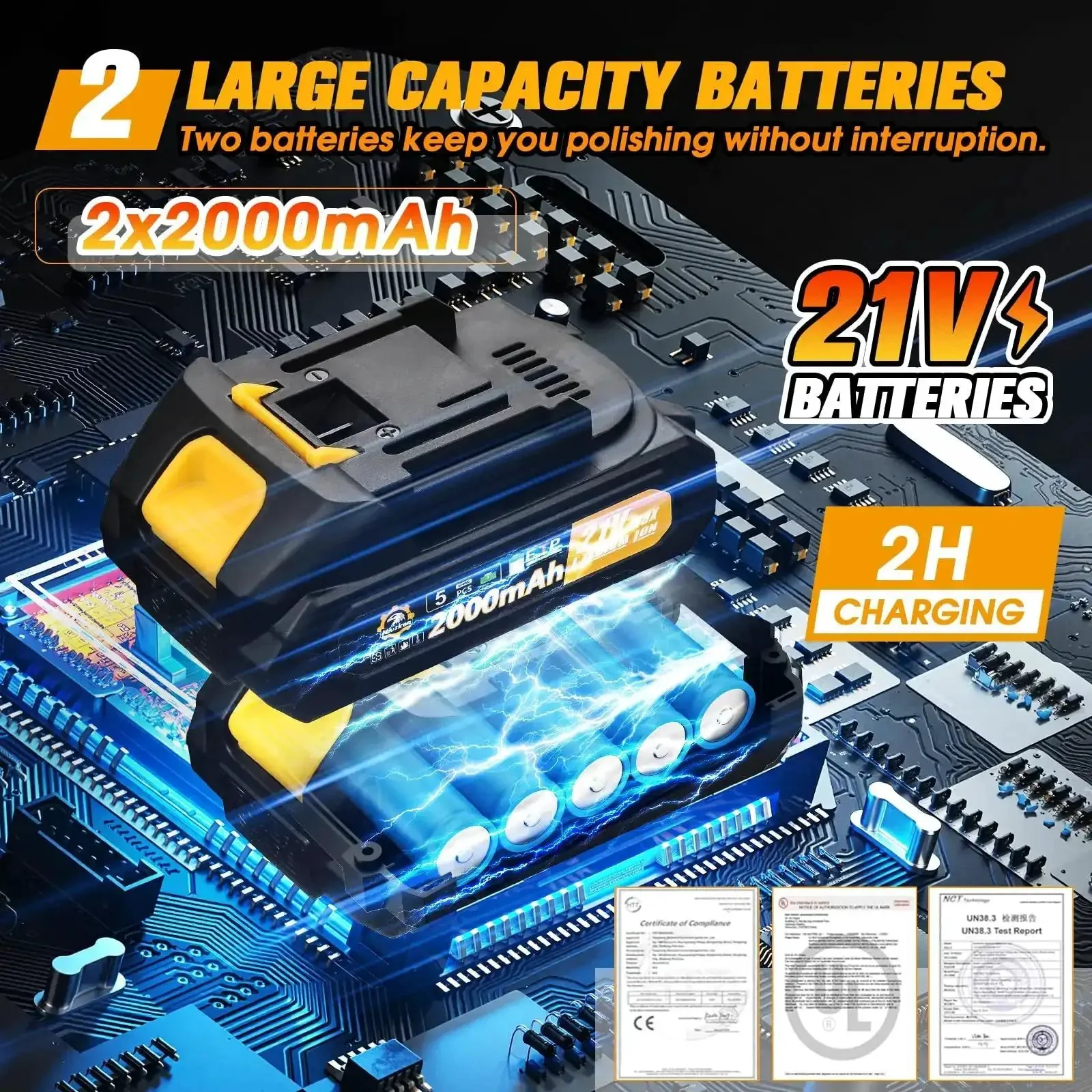 Cordless Car Buffer Polisher Kit With 2x 2000mAh 21V Batteries, 18 Attachments, 6 Speed Orbital Design, LED Display, Lightweight Detailing Tool For Waxing Polishing And Scratch Removal Yellow - Image 7