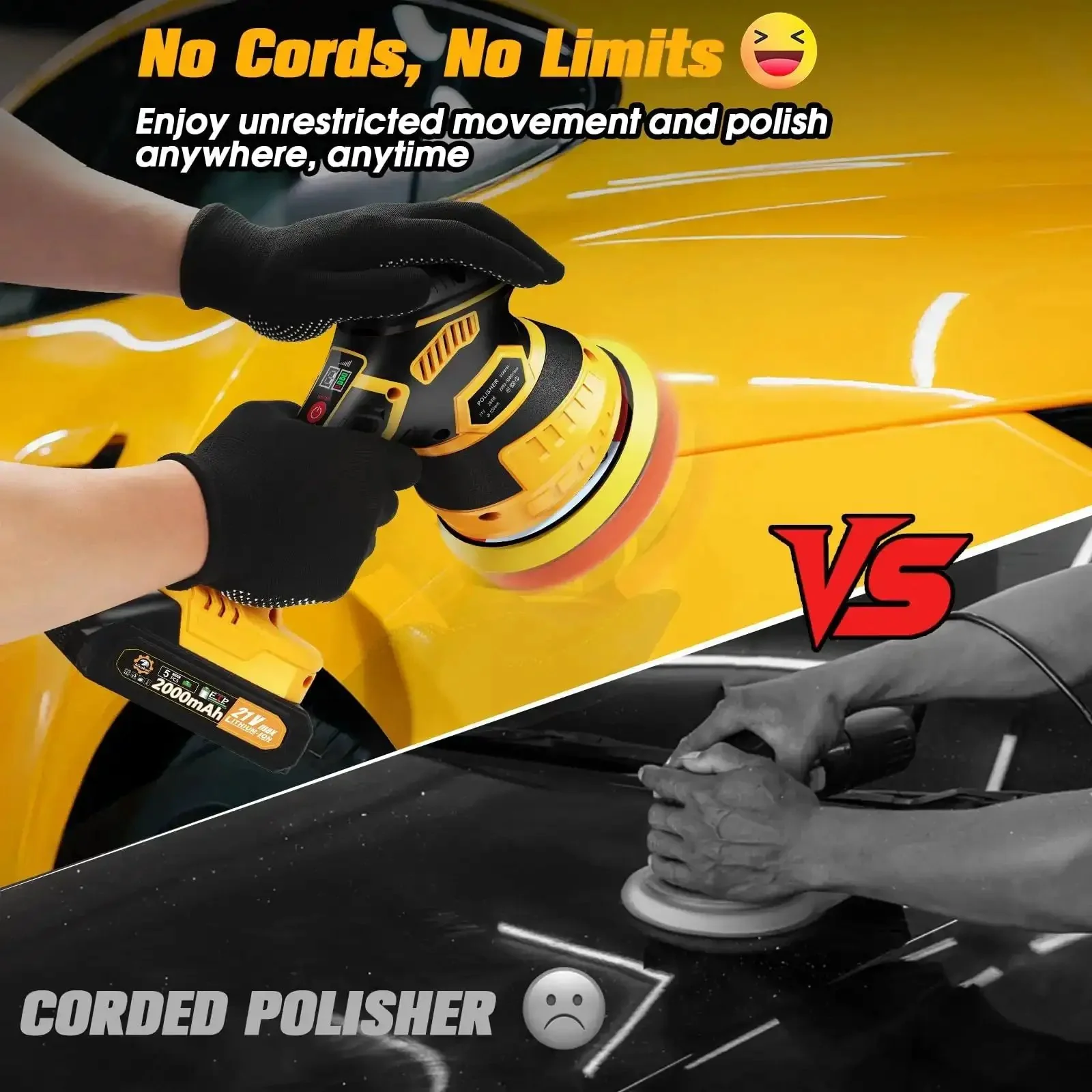 Cordless Car Buffer Polisher Kit With 2x 2000mAh 21V Batteries, 18 Attachments, 6 Speed Orbital Design, LED Display, Lightweight Detailing Tool For Waxing Polishing And Scratch Removal Yellow - Image 8