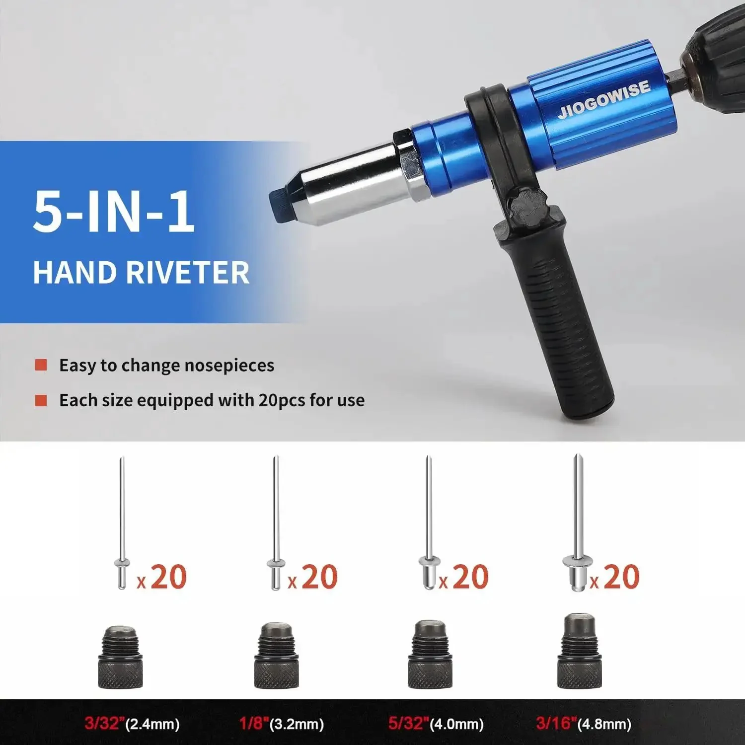 Cordless Drill Rivet Gun Adapter Kit Converts Your Drill Into a Rivet Gun With 4 Rivet Heads and 80 Rivets For Easy Pop Riveting Includes 2.4 3.2 4.0 and 4.8 mm Sizes Works With 18V to 24V Drills Simple Torque Clutch Setup - Image 8