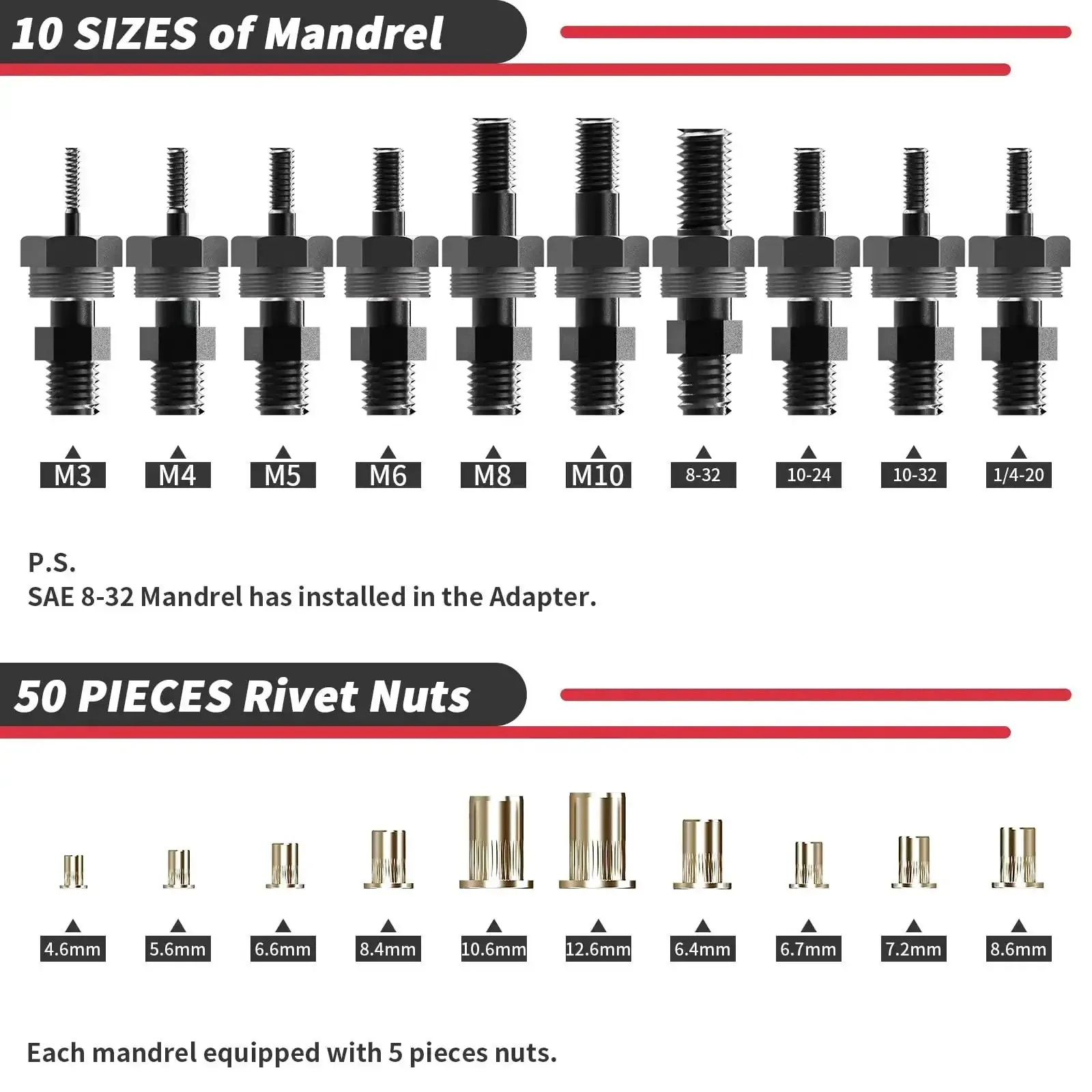 Cordless Drill Rivet Nut Tool Kit With 10 Mandrels And 50 Assorted Rivet Nuts In Rugged Carrying Case Turns Any Drill Into A Beast Pro Grade Nut Rivet Pliers And Works With 12V And Higher Drills - Image 7