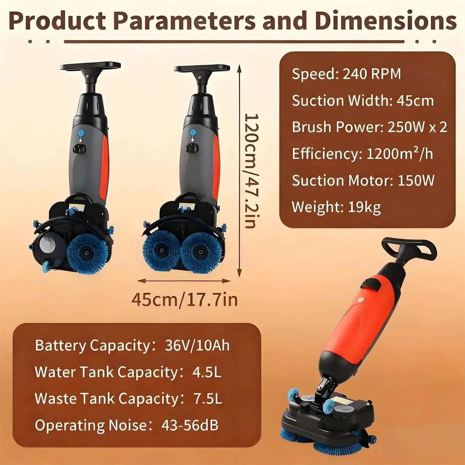 Cordless Electric Floor Scrubber 36V 10.5Ah Heavy Duty Industrial Scrubber With Dual 4L and 6L Tanks, Long Battery Life, Perfect for Warehouse, Factory, and Supermarket Floors, Portable Red Machine - Image 6