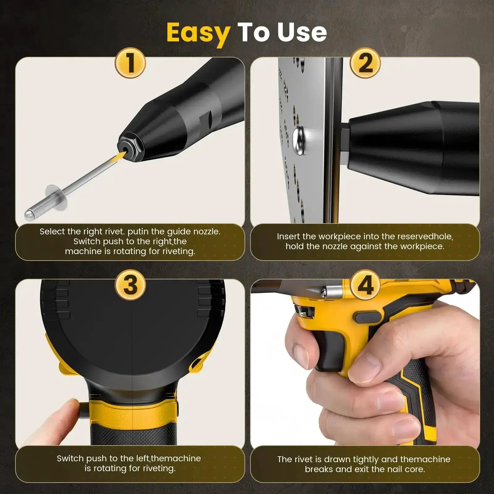 Cordless Electric Rivet Gun Kit With 20V Max Battery, Brushless High Torque Riveting Tool For One Eighth Inch, Five Thirty Second Inch, And Three Sixteenth Inch Rivets, Includes Battery, Fast Charger, Extra Head, And Led Light - Image 4