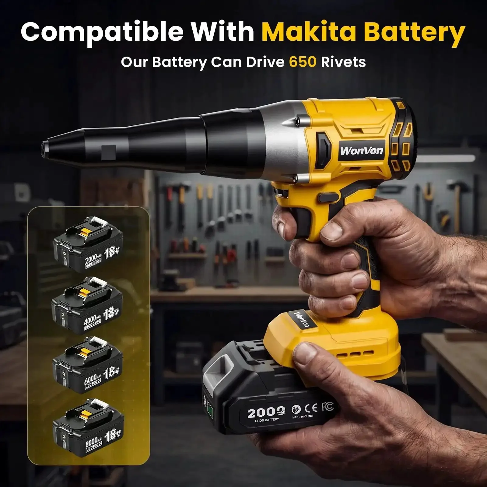 Cordless Electric Rivet Gun Kit With 20V Max Battery, Brushless High Torque Riveting Tool For One Eighth Inch, Five Thirty Second Inch, And Three Sixteenth Inch Rivets, Includes Battery, Fast Charger, Extra Head, And Led Light - Image 9