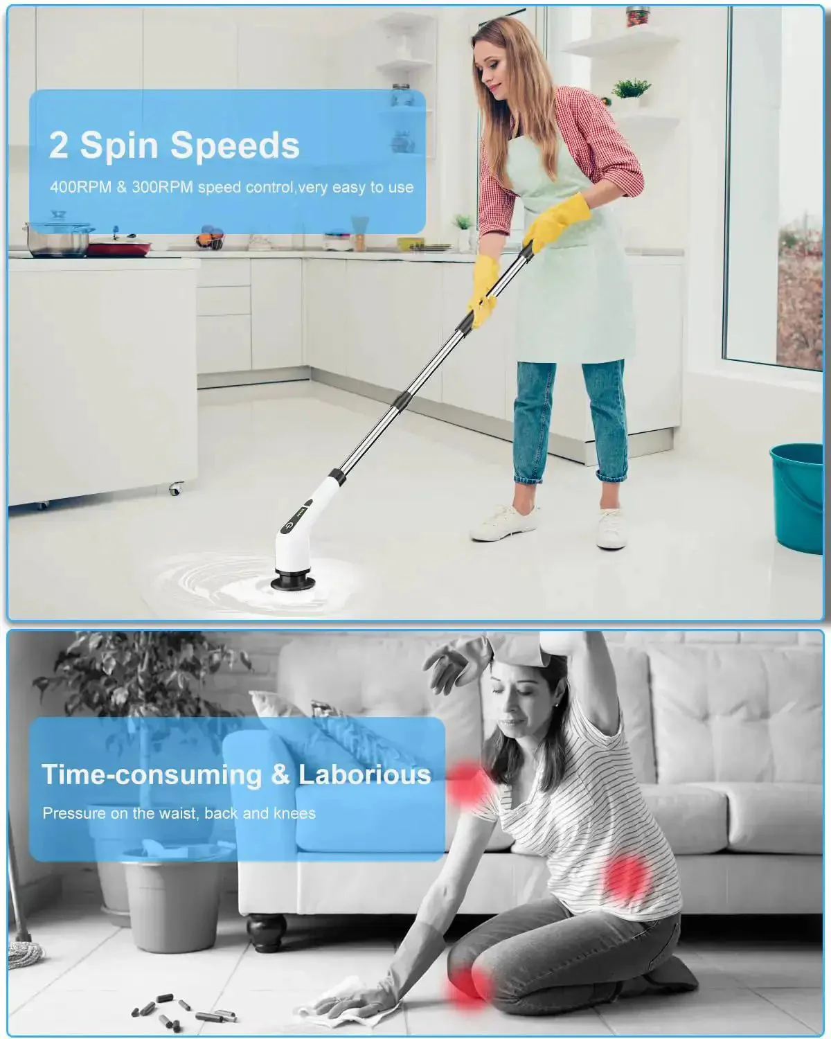 Cordless Electric Spin Scrubber With 8 Replaceable Heads, 360 Power Scrubber, Dual Speed, Detachable Handle, A Real Cleanup Buddy For Bathroom Floors Tiles Grout Kitchen And Car Cleaning - Image 7