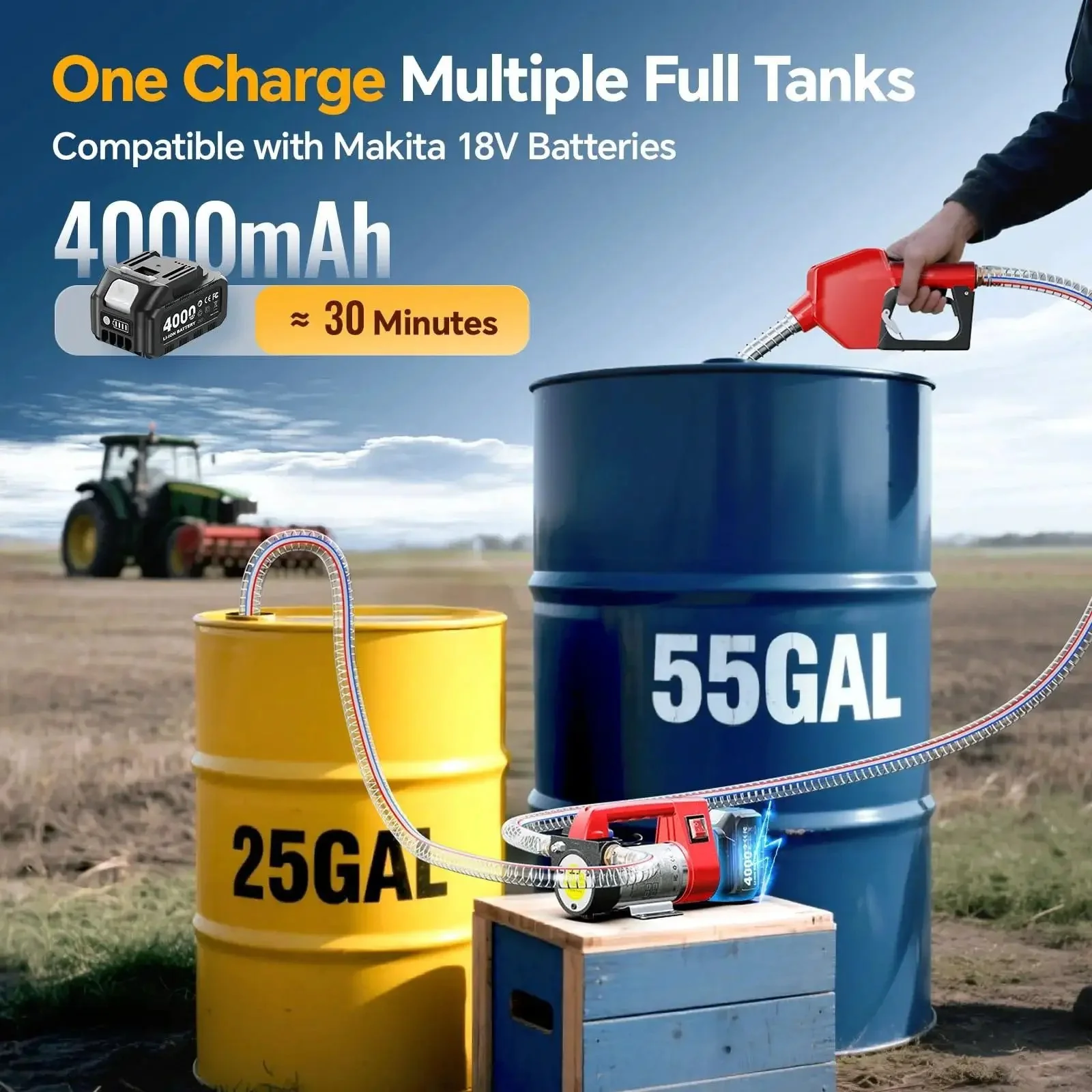 Cordless Fuel Transfer Pump Kit With 12 GPM Electric Flow 21V 4.0Ah Battery And Charger Portable Easy Peasy Diesel Kerosene Transfer Pump With Auto Off Nozzle And Dual 6.6Ft Hoses For Tractors And Farm Equipment - Image 8