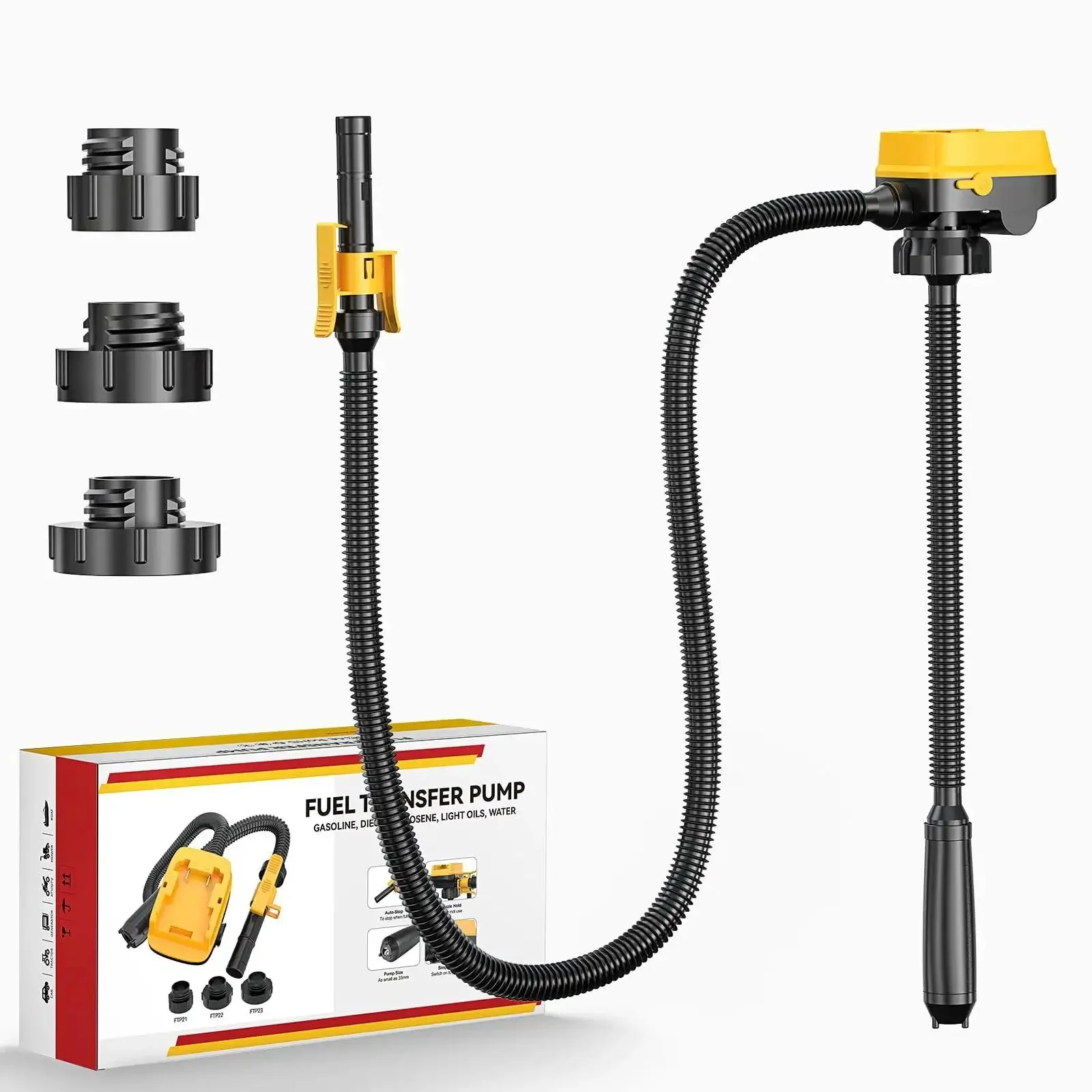 Cordless Fuel Transfer Pump With Auto Stop For No Mess Fueling Three Point Two GPM Flow Portable Diesel And Gas Pump With Fifty One Inch Hose Includes Three Adapters Compatible With Twenty Volt And Eighteen Volt Batteries Bare Tool Yellow