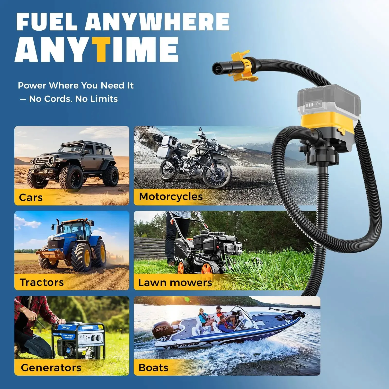 Cordless Fuel Transfer Pump With Auto Stop For No Mess Fueling Three Point Two GPM Flow Portable Diesel And Gas Pump With Fifty One Inch Hose Includes Three Adapters Compatible With Twenty Volt And Eighteen Volt Batteries Bare Tool Yellow - Image 3