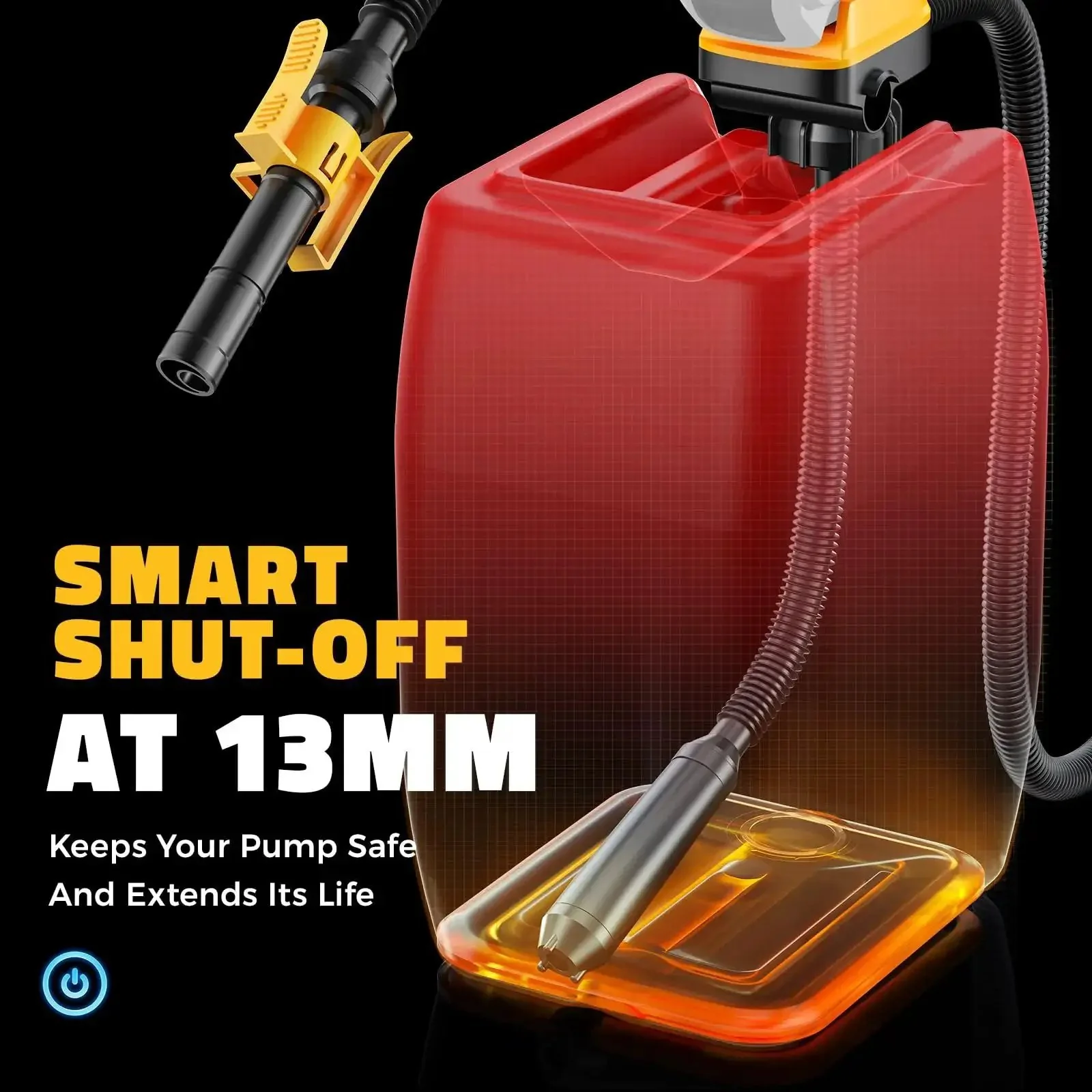 Cordless Fuel Transfer Pump With Auto Stop For No Mess Fueling Three Point Two GPM Flow Portable Diesel And Gas Pump With Fifty One Inch Hose Includes Three Adapters Compatible With Twenty Volt And Eighteen Volt Batteries Bare Tool Yellow - Image 5