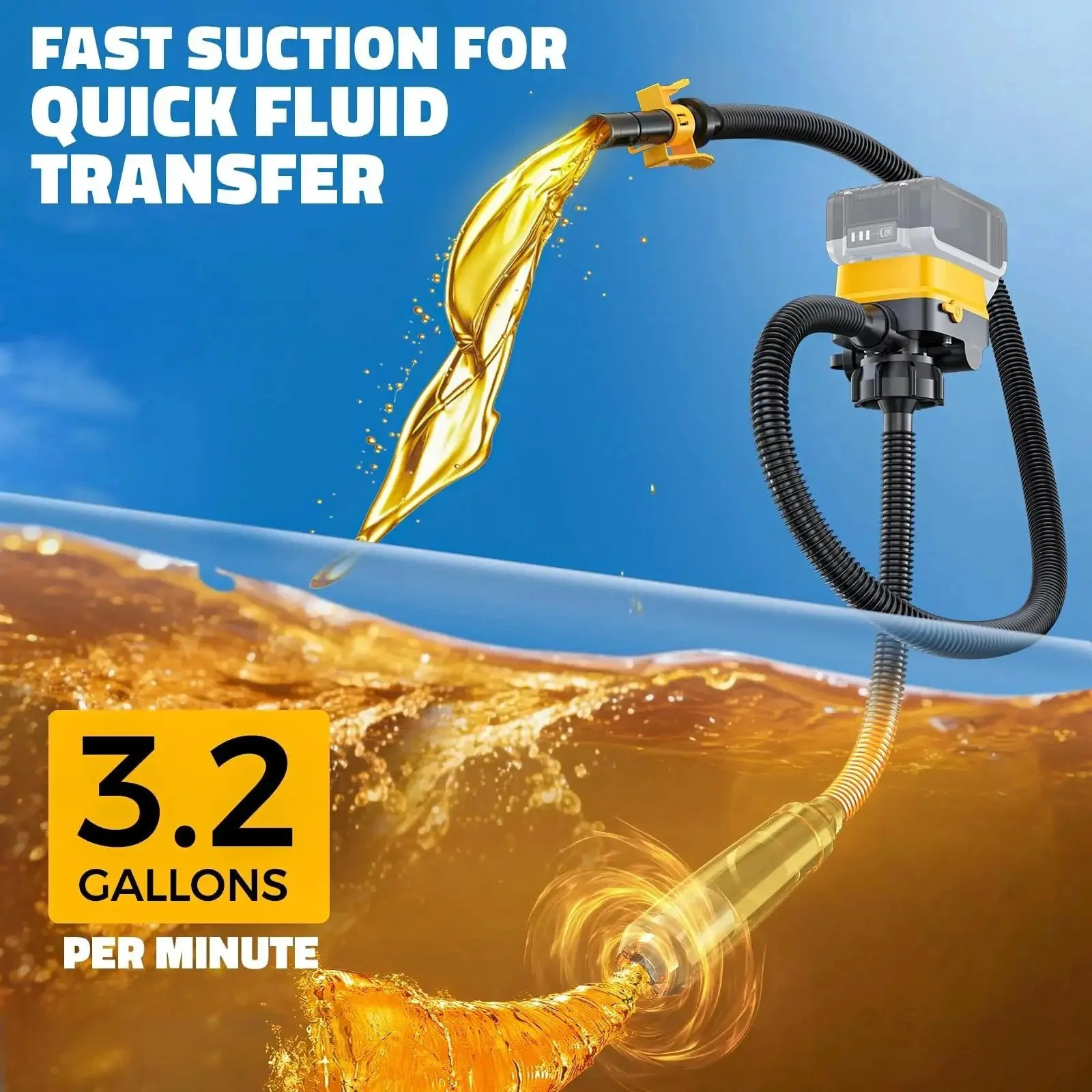 Cordless Fuel Transfer Pump With Auto Stop For No Mess Fueling Three Point Two GPM Flow Portable Diesel And Gas Pump With Fifty One Inch Hose Includes Three Adapters Compatible With Twenty Volt And Eighteen Volt Batteries Bare Tool Yellow - Image 7