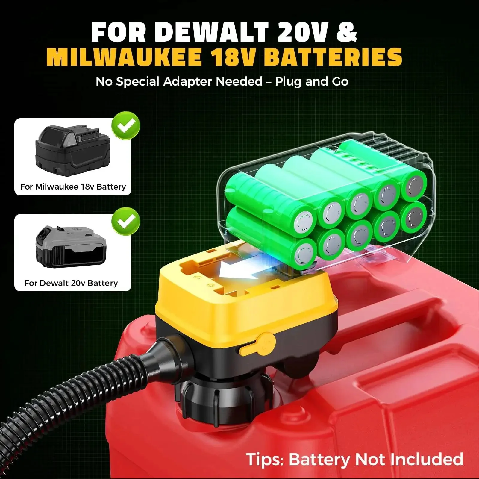 Cordless Fuel Transfer Pump With Auto Stop For No Mess Fueling Three Point Two GPM Flow Portable Diesel And Gas Pump With Fifty One Inch Hose Includes Three Adapters Compatible With Twenty Volt And Eighteen Volt Batteries Bare Tool Yellow - Image 8
