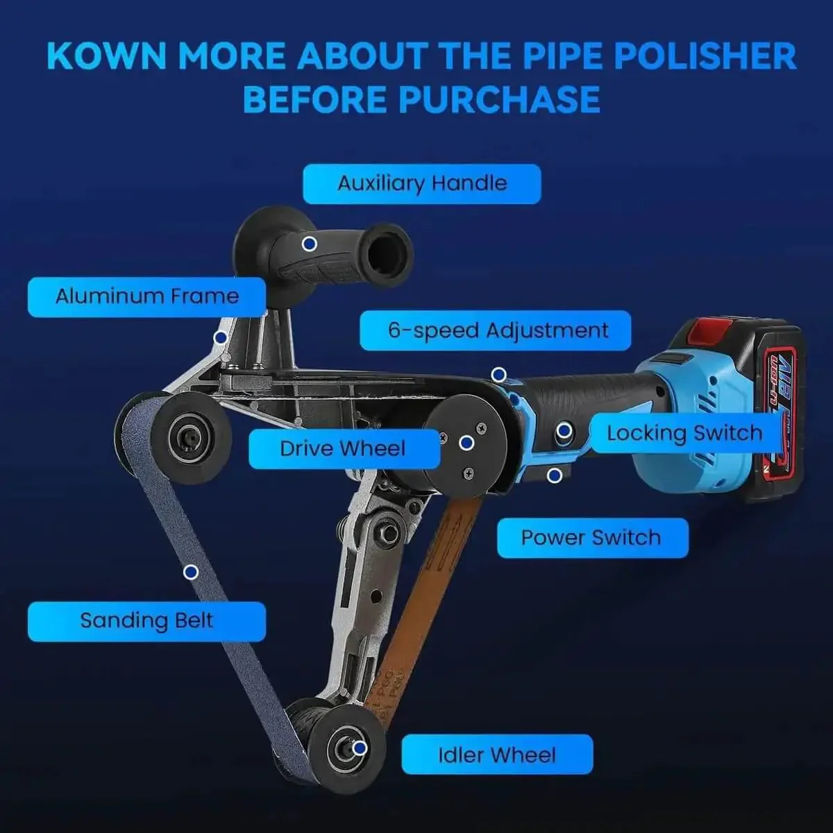 Cordless Pipe Polisher Sander Adjustable Speed Rechargeable Grinder For Metal And Plastic Tubes 4 Roller Design A Handy All In One Tool For Rust Removal Grinding Polishing Brushing And Mirror Finish On Stainless Steel Aluminum Iron Plastics And Wood - Image 3