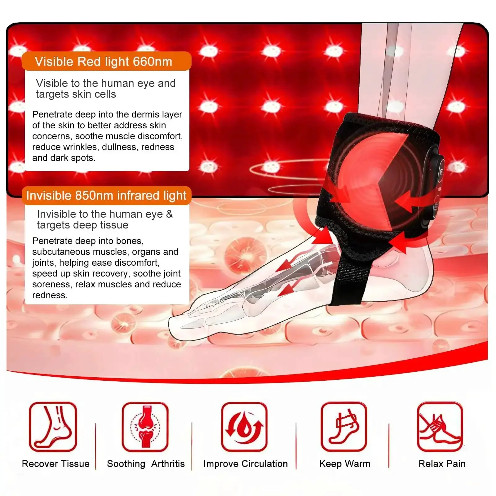 Cordless Red Light Therapy Ankle Massager Wrap With 660nm Red And 850nm Infrared Lights, Vibration And Heat, Rechargeable 3000mAh Battery, Go To Pain Relief For Ankle Wrist Foot Arch Comfort - Image 7