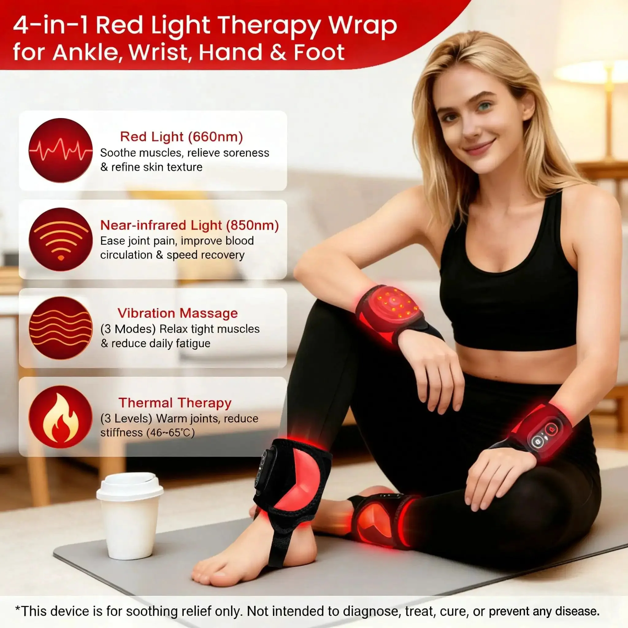 Cordless Red Light Therapy Ankle Massager Wrap With 660nm Red And 850nm Infrared Lights, Vibration And Heat, Rechargeable 3000mAh Battery, Go To Pain Relief For Ankle Wrist Foot Arch Comfort - Image 9