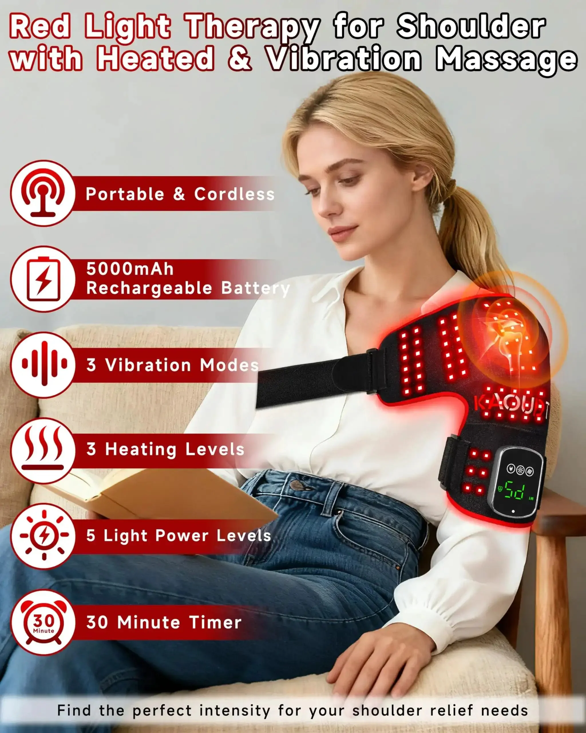 Cordless Red Light Therapy Shoulder Wrap With Vibration Massage And Heated Pad 5000mAh Rechargeable Massager 660nm Red Light And 850nm Near Infrared Therapy For Joint Pain Relief Portable Black - Image 8