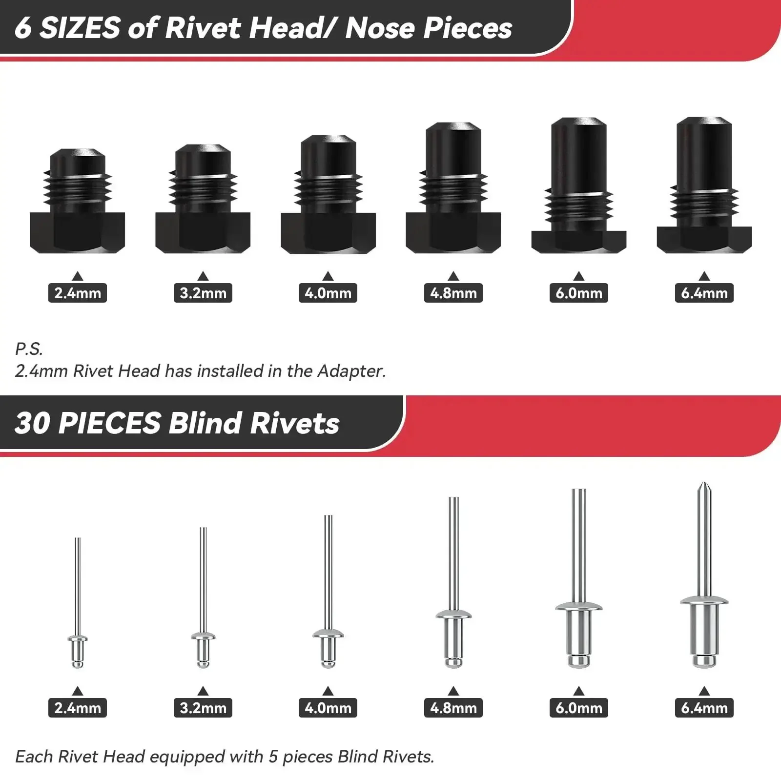 Cordless Rivet Gun Adapter Kit For Drills Electric Rivet Drill Adapter With 6 Interchangeable Heads And 30 Blind Rivets 2.4mm To 6.4mm Range Pop Rivet Tool Set For Aluminum And Steel Easy Nut Rivet Processing - Image 7